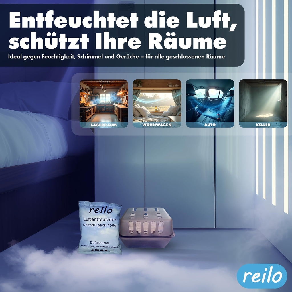 reilo 24x 450g Luftentfeuchter Granulat (Calciumchlorid), Raumluftentfeuchter im Vliesbeutel, Nachfüllpacks für Entfeuchterboxen 400 bis 1200 g, Lufttrockner für Wohnräume, Schlafzimmer, Keller