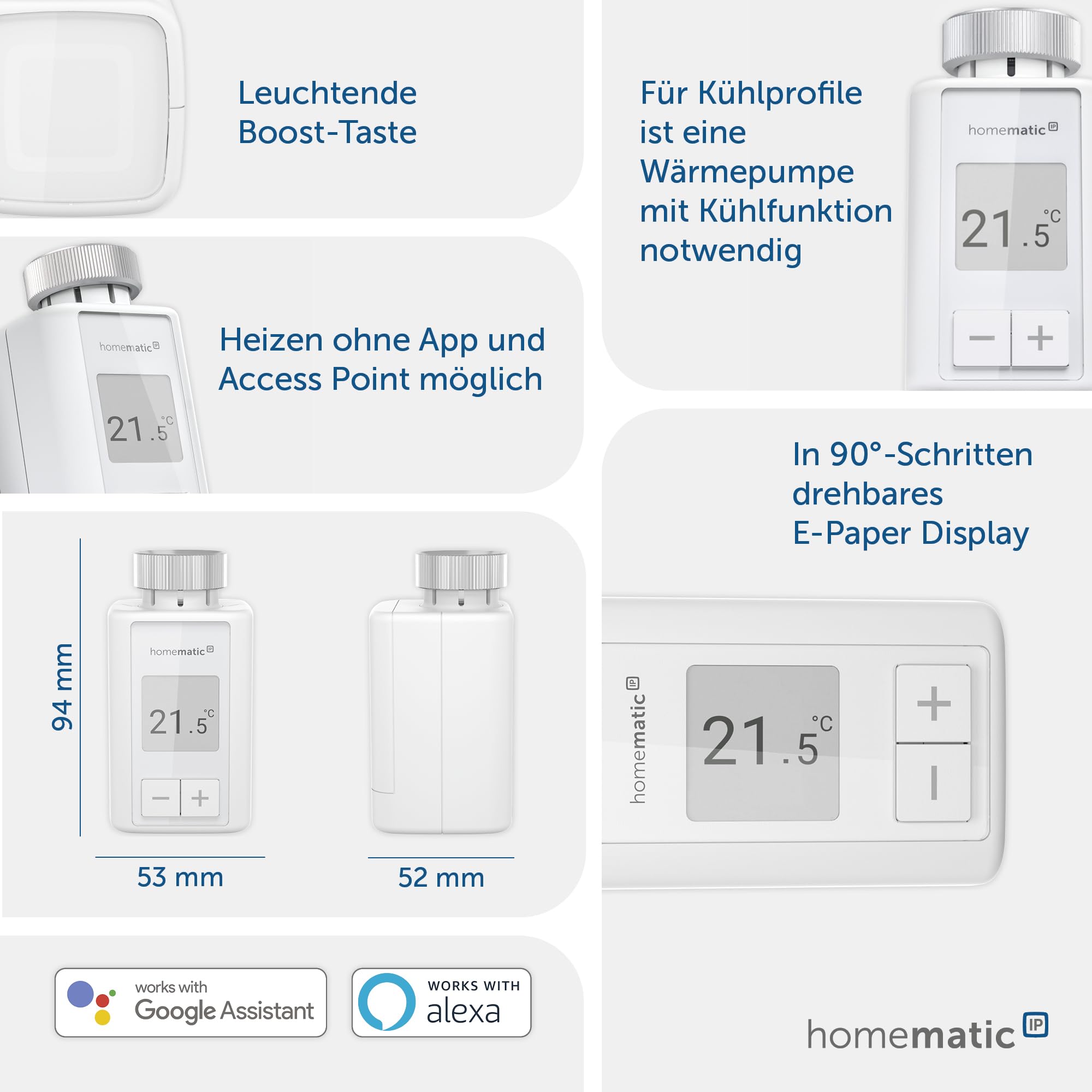 Homematic IP Smart Home Heizkörperthermostat – Flex, digitaler Thermostat Heizung, Steuerung per App, Alexa, Google Assistant, einfache Installation, Energie sparen, 160230A0