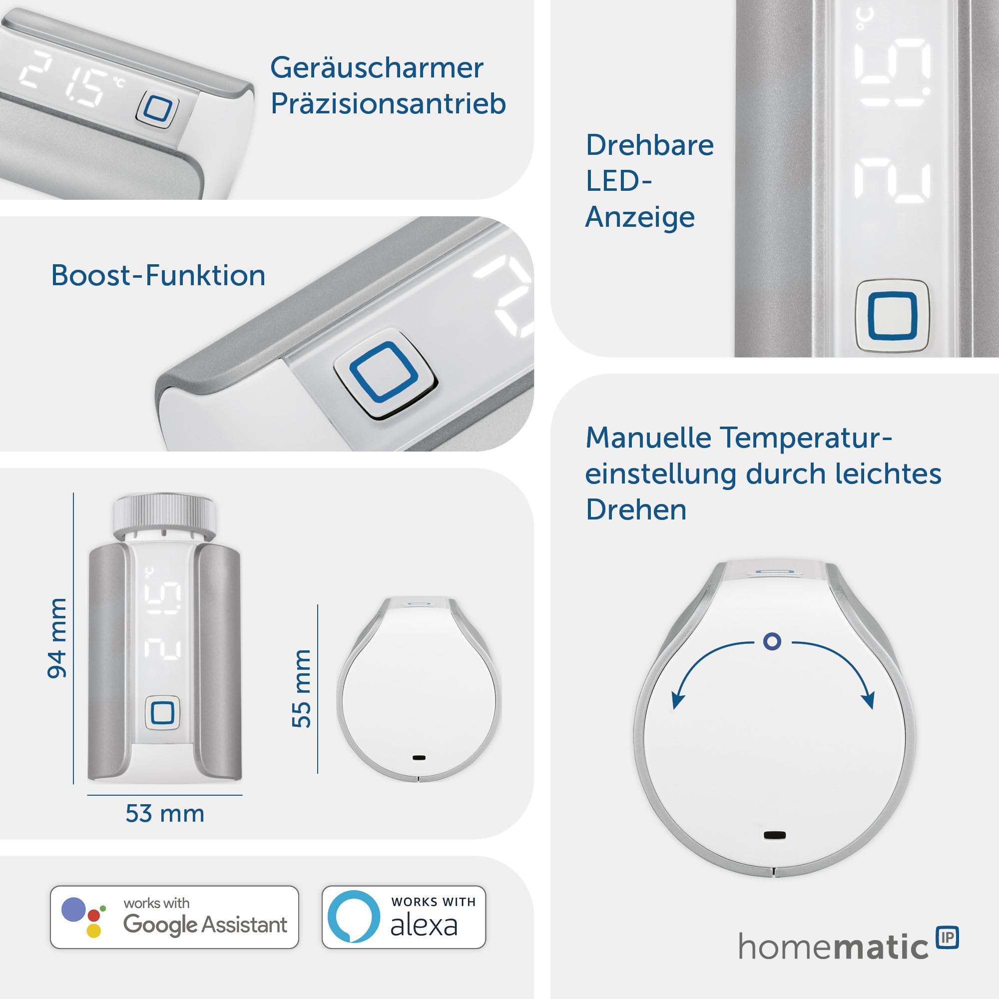 Homematic IP Smart Home Heizkörperthermostat – Evo, Silber, digitaler Thermostat Heizung, Steuerung per App, Alexa, Google Assistant, einfache Installation, Energie sparen, 156650A0