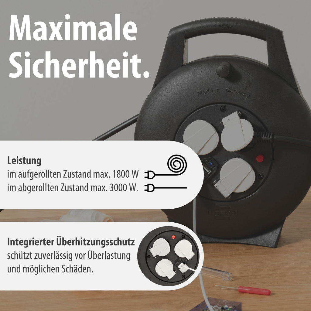 Brennenstuhl Vario Line Kabelbox 3-fach mit USB/Mini-Kabeltrommel für den Innenbereich (Indoor-Kabeltrommel mit USB-Ladefunktion und 10m Kabel, Made in Germany) schwarz