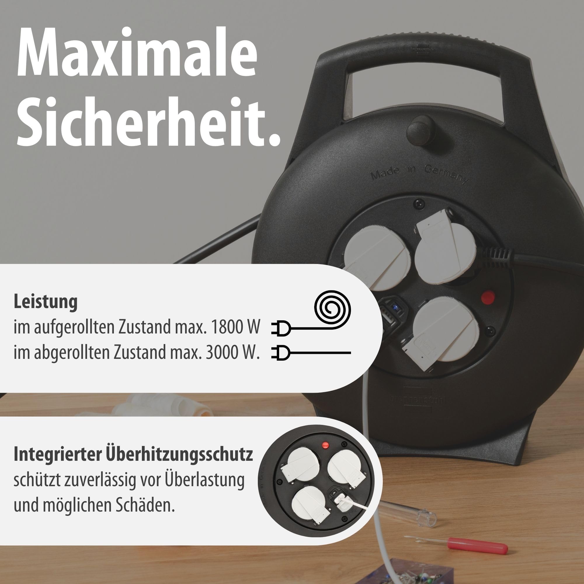 Brennenstuhl Vario Line Kabelbox 3-fach mit USB/Mini-Kabeltrommel für den Innenbereich (Indoor-Kabeltrommel mit USB-Ladefunktion und 10m Kabel, Made in Germany) schwarz