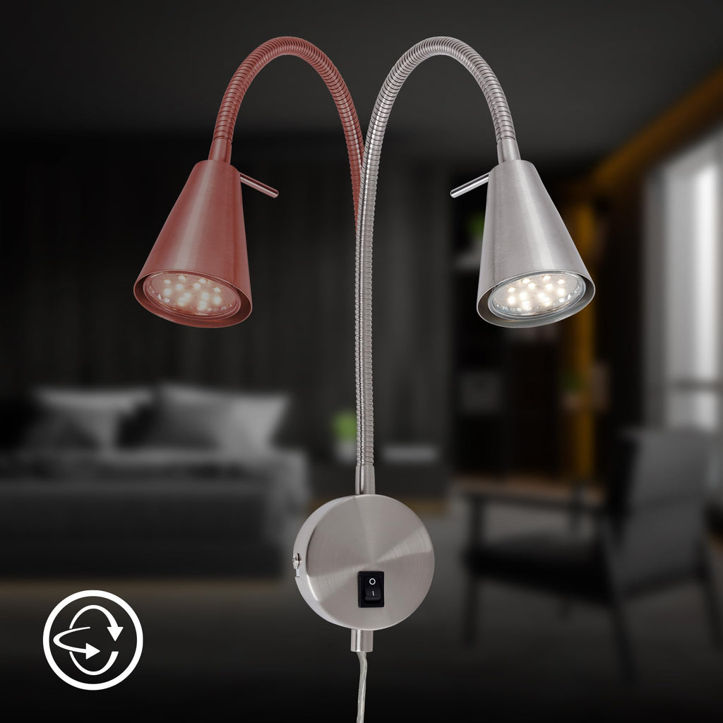 BRILONER - LED Bettlampe, Bettleuchte Flexarm, inkl. An-/Ausschalter, schwenkbar, 4,7 Watt, 350 Lumen, Schlafzimmerlampe, Büroleuchte, warmweiße Lichtfarbe, Metall, 45x20,5 cm, Matt-nickel
