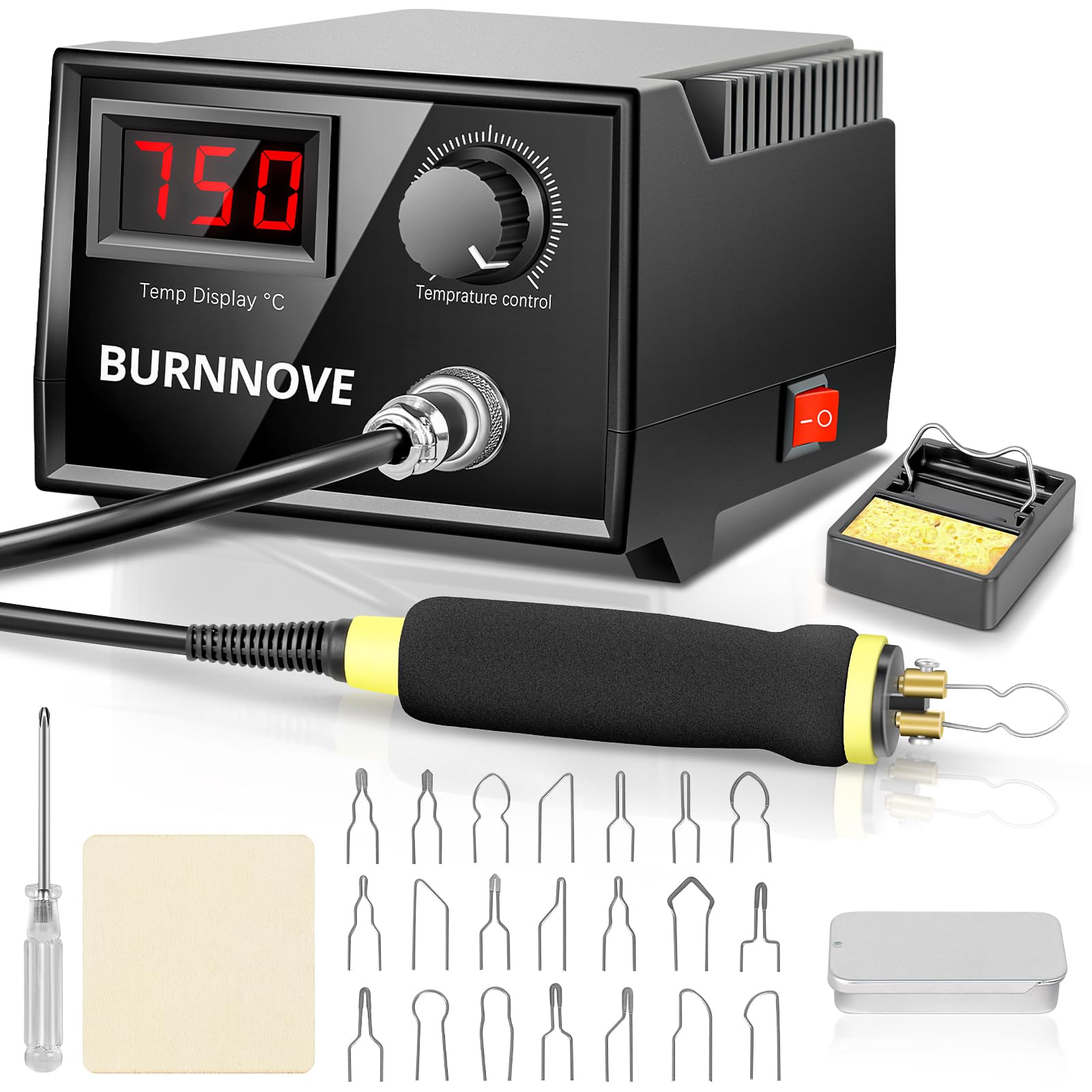 BURNNOVE Brandmalerei Set mit Digitalanzeige 100℃-750℃ Einstellbare Temperatur 21-teilig Spitzen Brandmalkolben für Holz, Leder und Kürbis Holzschnitt