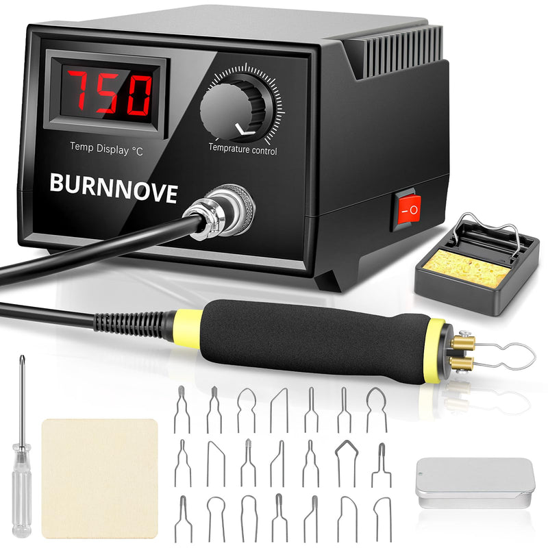 BURNNOVE Brandmalerei Set mit Digitalanzeige 100℃-750℃ Einstellbare Temperatur 21-teilig Spitzen Brandmalkolben für Holz, Leder und Kürbis Holzschnitt