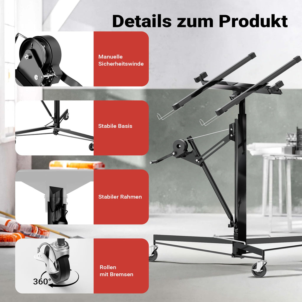 Wiltec XXL Plattenheber bis max. 68 kg, Höhe 140-350 cm, max. Breite 2,90 m, Trockenbau Montagehilfe 1-Mann-Bedienung, 3 Räder mit Feststellbremse, schwarz