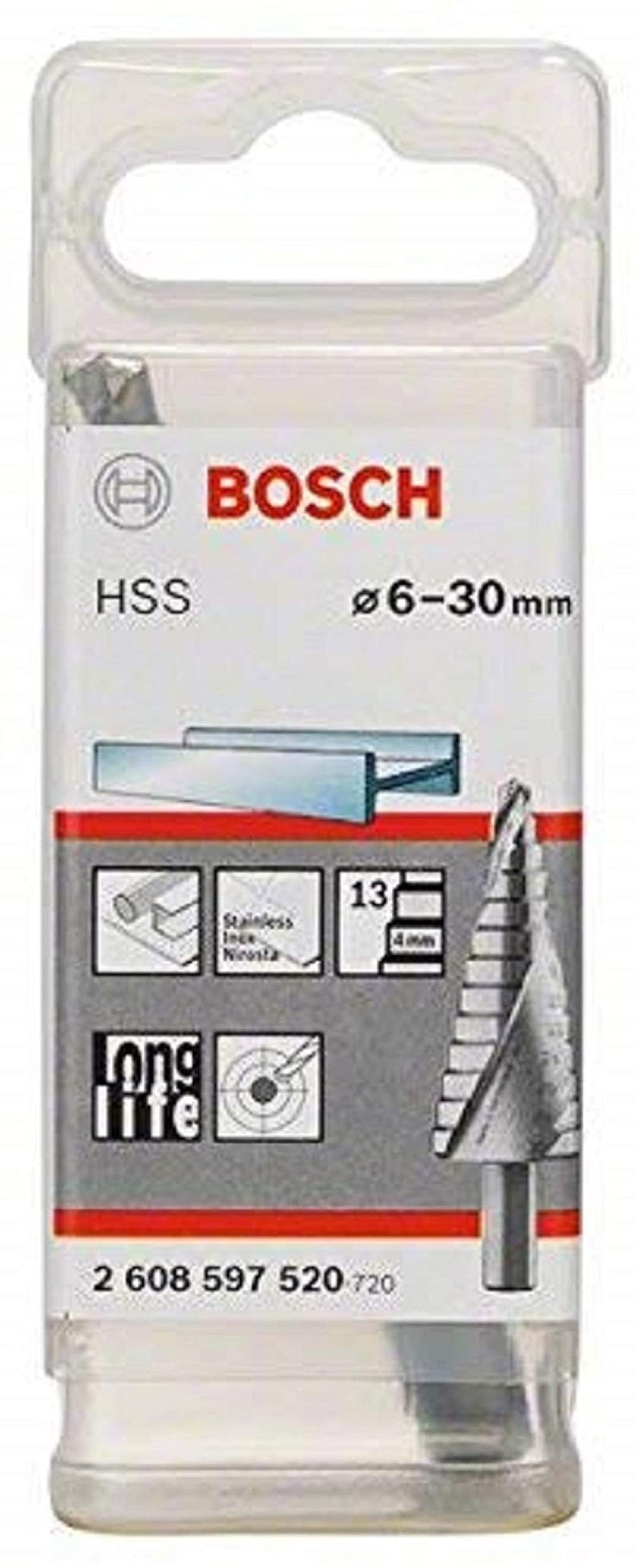Bosch Professional Stufenbohrer HSS (für dünne Materialien z.B. Stahlblech, Ø 6-30 mm, mit 13 Stufen)