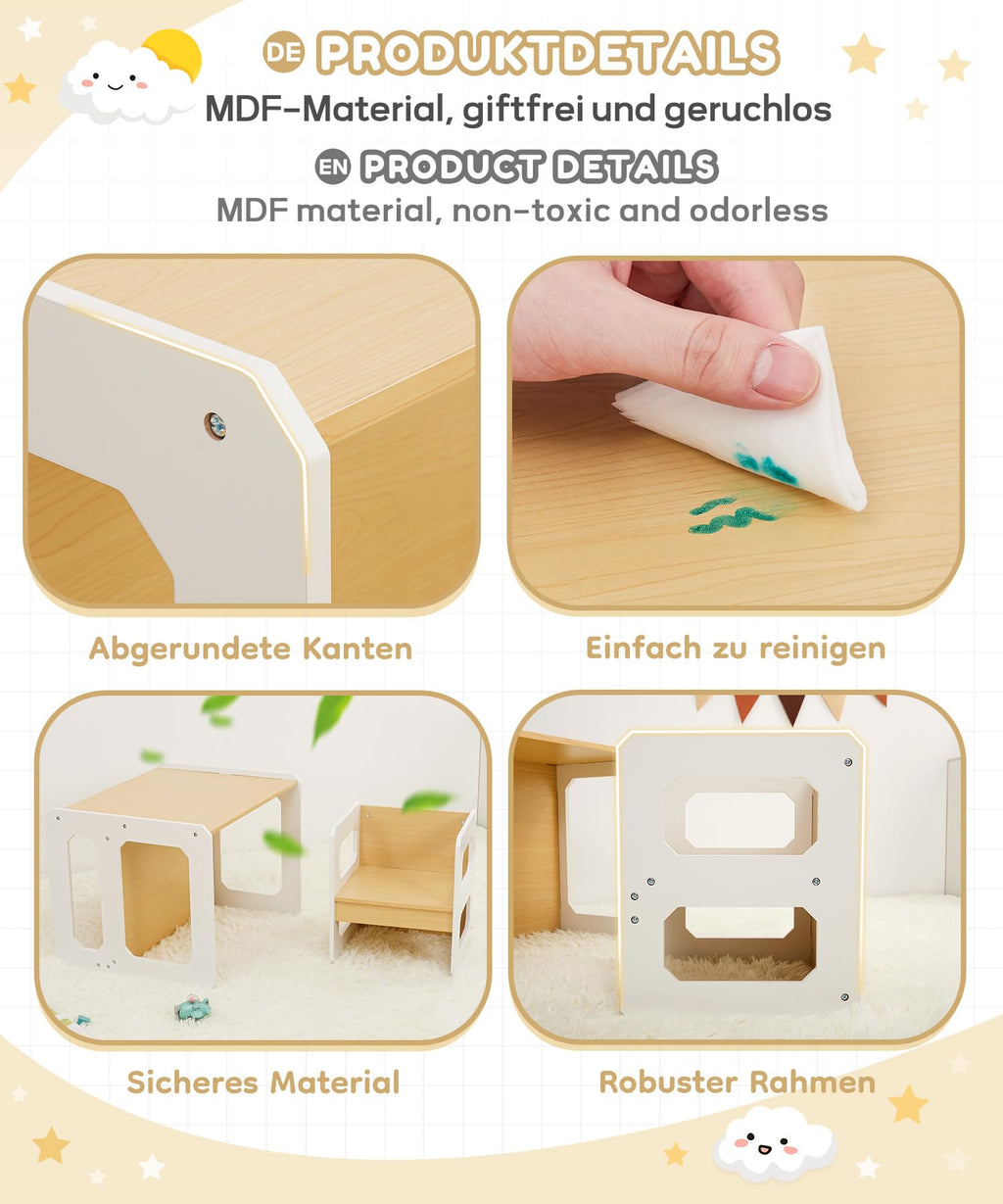 Yorbay Tisch und Stuhl Set für Kinder Kinderschreibtisch mit 1 Hockern, Kindersitzgruppe 3 in 1-Wendehocker & zum Kinderarbeitsplatz umwandelbarer Kinderbank, Kindermöbel 61,5 x 50 x 46 (Natur, L)