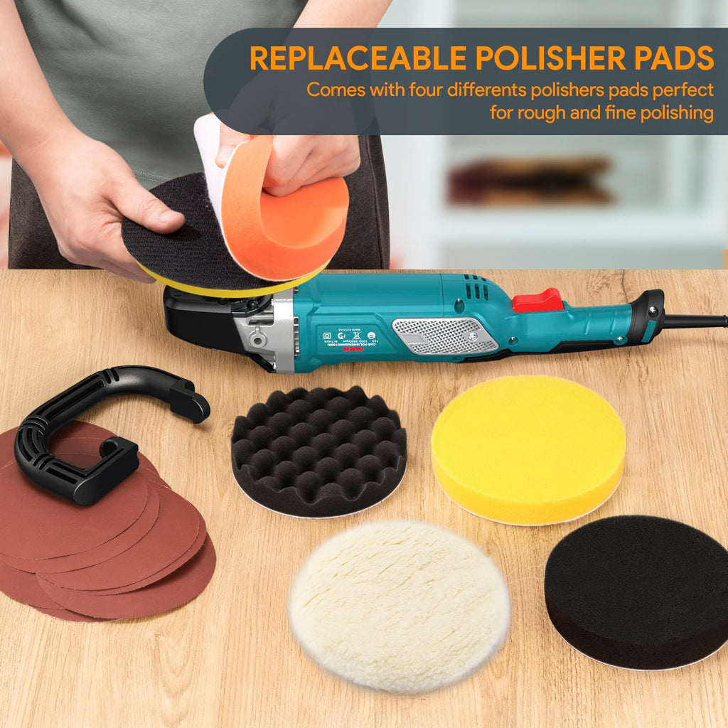 ENEACRO Poliermaschine,1500W Polierer 6 Variable Geschwindigkeit mit 150/180mm Polierteller, D-Griff und Seitengriff, mit 150mm Polierschwamm/Schleifpapier, zum Polieren von Auto, Glas