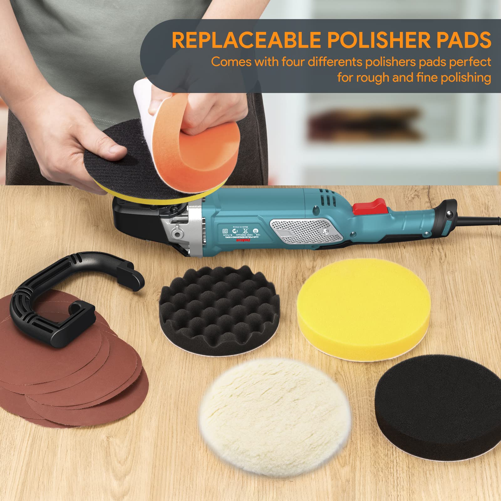 ENEACRO Poliermaschine,1500W Polierer 6 Variable Geschwindigkeit mit 150/180mm Polierteller, D-Griff und Seitengriff, mit 150mm Polierschwamm/Schleifpapier, zum Polieren von Auto, Glas