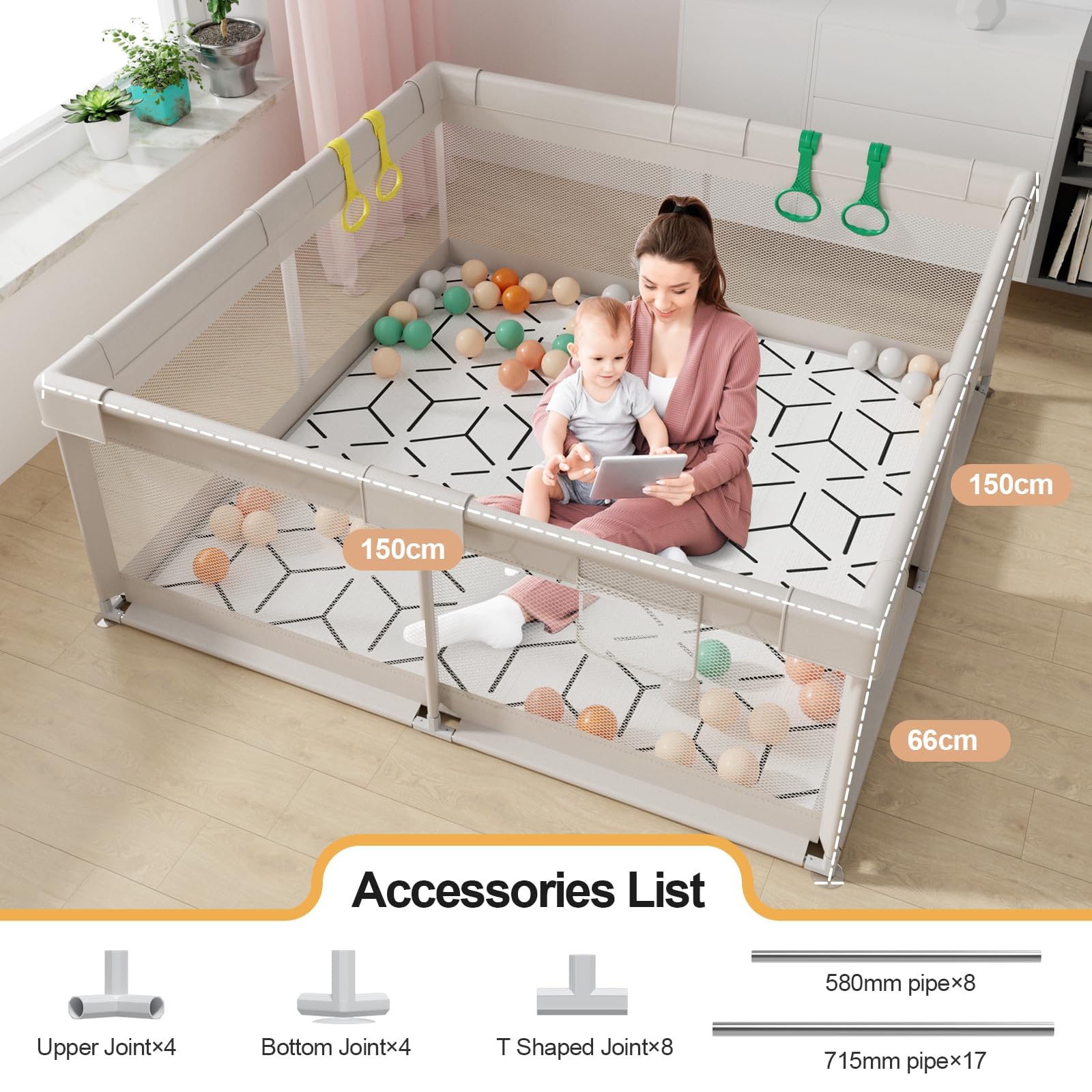Cafolatt Baby Laufgitter mit Matte 150x150 cm, Laufstall Baby mit Matratze, Sicher und Geräumig für die Wohnung, Rutschfeste Basis, Atmungsaktives Netzdesign (150X150X64 cm)