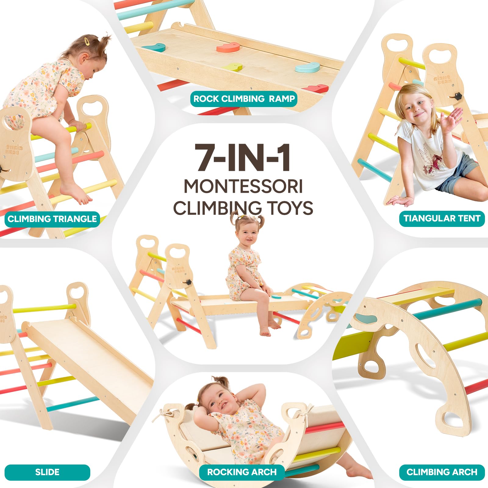 Indoor Klettergerüst ab 1 Jahr Montessori Kletterdreieck Kletterbogen mit Kissen mit Kletterbogen und Rutsche, Holzdreieck für Kleinkinder ab 1-3, Indoor Kletterspielzeug, (S-bunt- mit Polster)