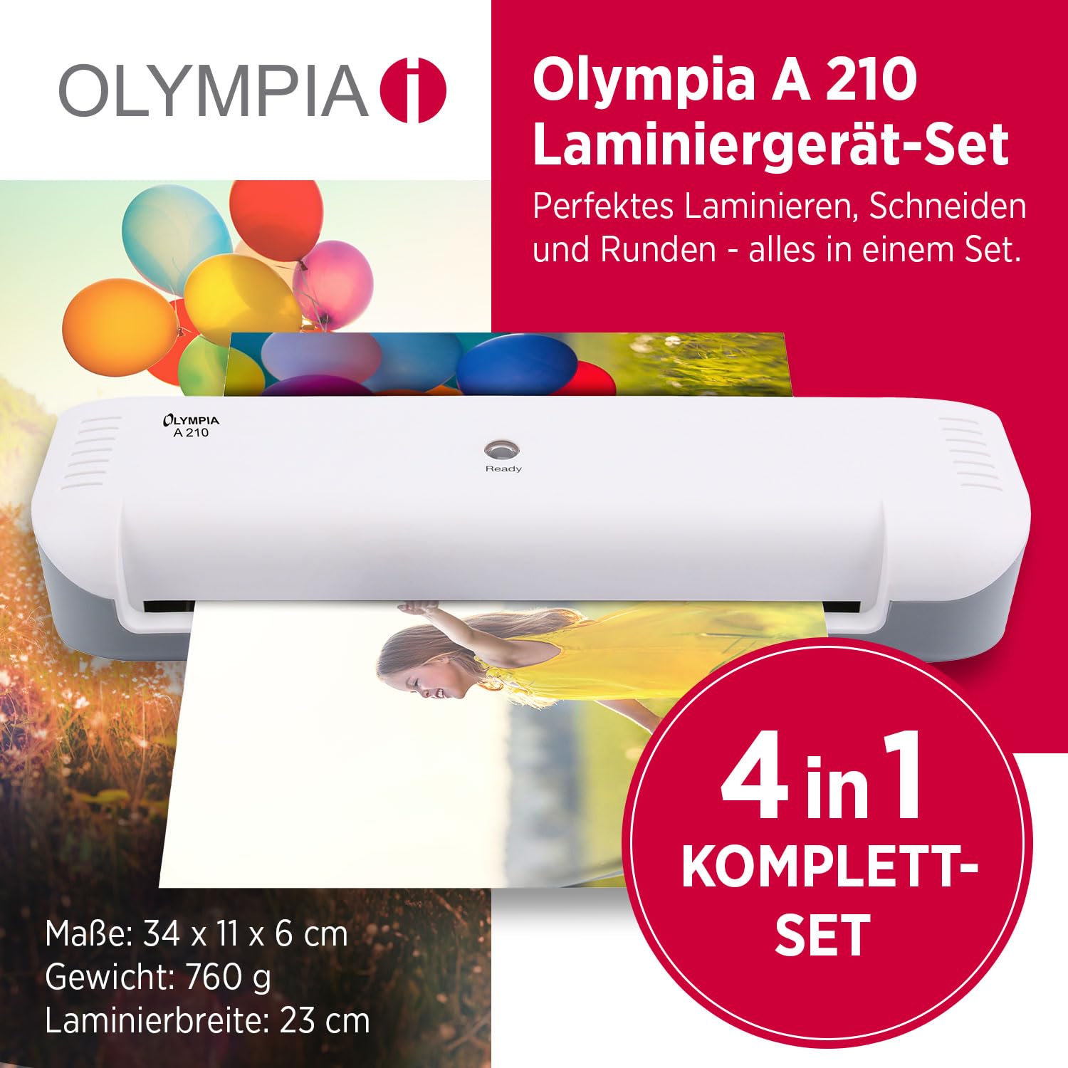 Olympia A210 4in1 Laminiergerät A4 | Laminierset A4 | Laminator | Schnelles Aufwärmen | Laminiermaschine, Papierschneider & Eckrunder | Ideal für Büro Schule & Heimgebrauch | Inkl. 15 Folien