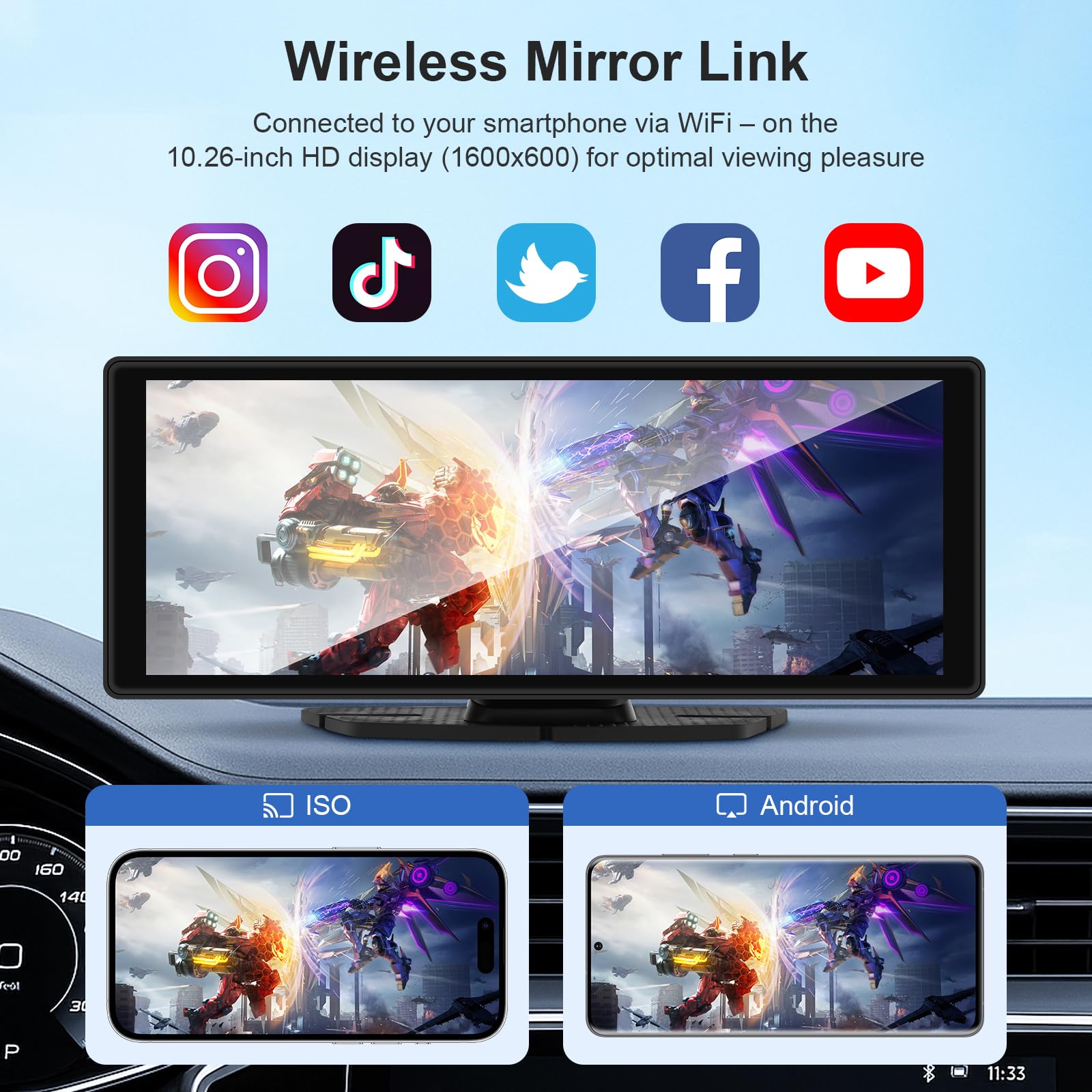 10,26 Zoll Carplay Display - Wireless Android Auto Car Play Display mit 4K Dashcam 1080P Rückfahrkamera IPS Touchscreen Bluetooth Mirror Link Split Screen FM Radio/AUX 64G TF