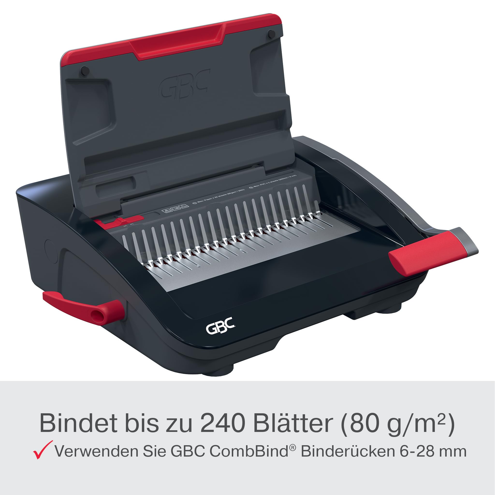 GBC CombBind CB20 Manuelles Bindegerät - Bindet 240 A5/A4-Blätter, kompaktes und leichtes Design, stanzt 20 Blätter, Schwarz/Silber, 4410062