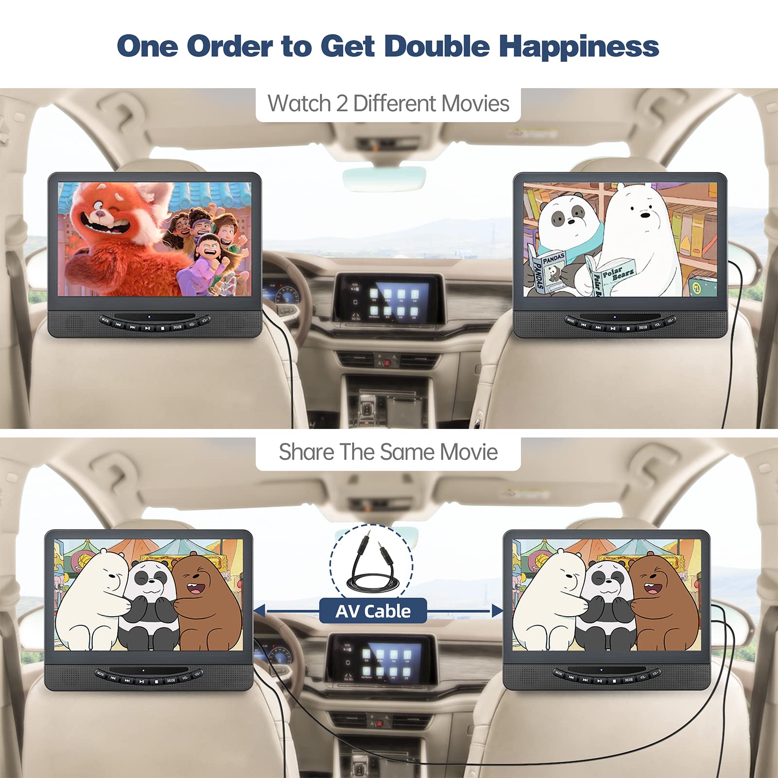 DESOBRY DVD Player Auto 2 bildschirme 12" mit 1080P HDMI Eingang, Auto Fernseher Spielt Matisch Den Gleichen Oder Zwei Verschiedene Filme AB, 5 Stunden Wiederaufladbare Batterie, Unterstützung USB