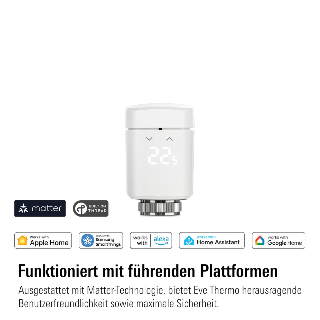 Eve Thermo (Matter) 4er Pack: Smartes Heizkörperthermostat, LED-Display mit Touch-Bedienfeld, Heizkosten sparen, Apple Home, Amazon Alexa, Samsung SmartThings, Google Home, Ben. Thread Border Router