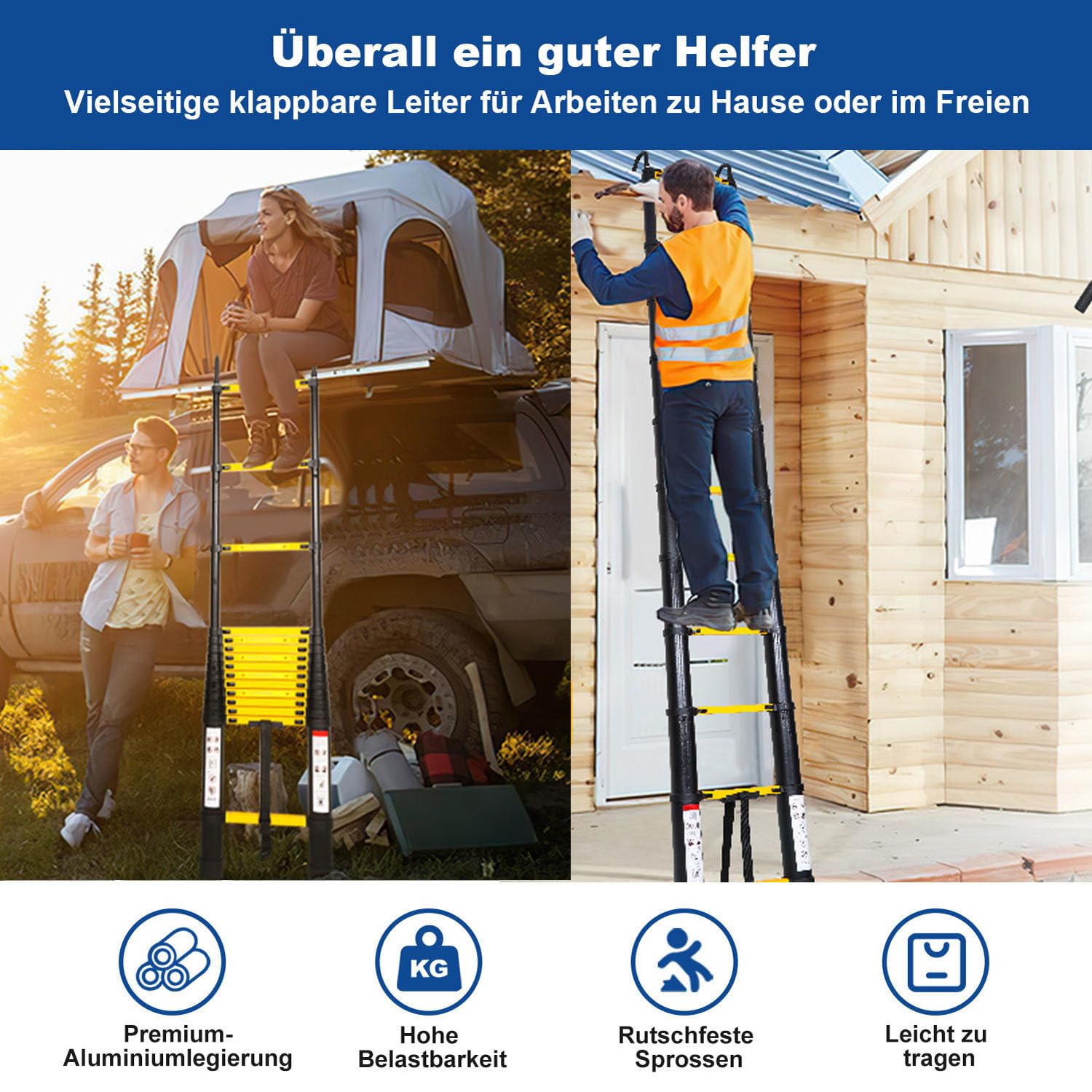 Joparri Aluminium Teleskopleiter 3.2M, Ausziehbare Leiter mit Stabilisator und Abnehmbaren Haken, Rutschfester Aluleiter Stehleiter Mehrzweckleiter, 150 kg Belastbarkeit, Schwarz Gelb