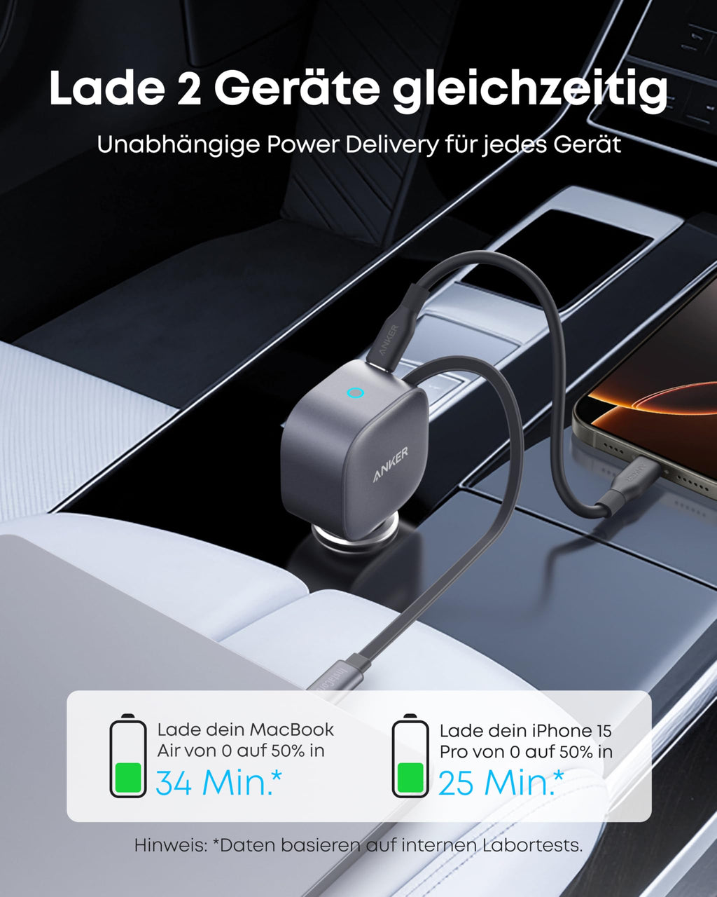 Anker USB-C Kfz-Ladegerät, 75W Max. Ultra-kompaktes Typ-C Kfz-Schnellladegerät, Integriertes einziehbares Kabel, Autonetzteil für iPhone 17/16/15 Serie, MacBook Pro/Air, iPad, Galaxy, AirPods