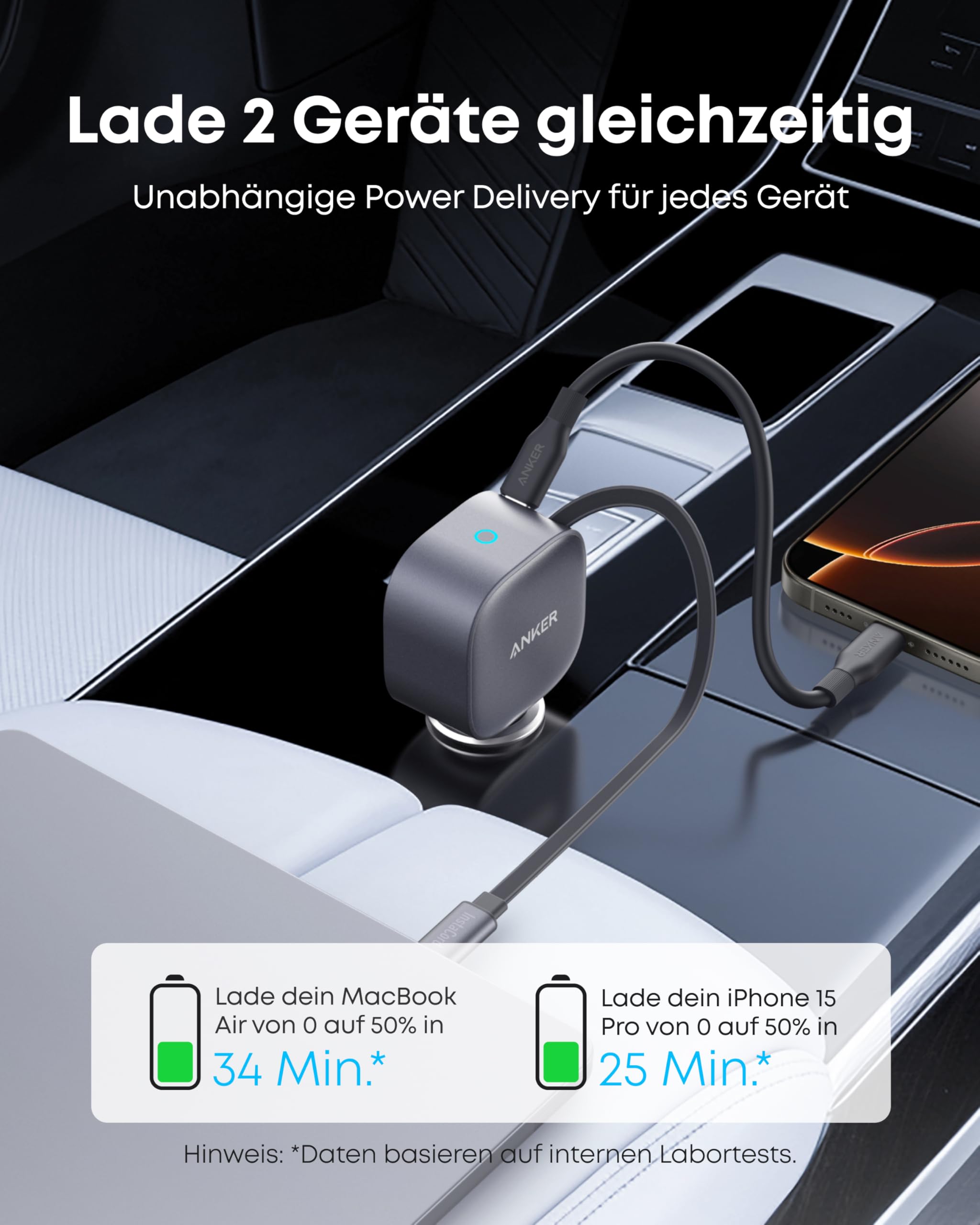 Anker USB-C Kfz-Ladegerät, 75W Max. Ultra-kompaktes Typ-C Kfz-Schnellladegerät, Integriertes einziehbares Kabel, Autonetzteil für iPhone 17/16/15 Serie, MacBook Pro/Air, iPad, Galaxy, AirPods