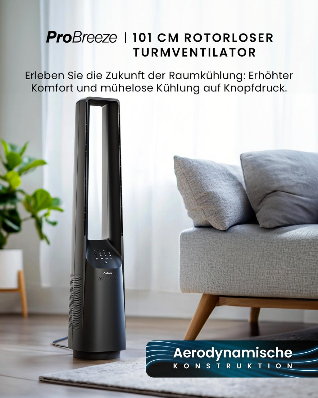 Pro Breeze 101cm rotorloser Ventilator - Ventilator oszillierend mit Fernbedienung, LED Display, 6 Geschwindigkeiten - Turmventilator sehr leise, 5 Betriebsmodi, Auto 60° Oszillation, 7h Timer