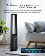 Pro Breeze 101cm rotorloser Ventilator - Ventilator oszillierend mit Fernbedienung, LED Display, 6 Geschwindigkeiten - Turmventilator sehr leise, 5 Betriebsmodi, Auto 60° Oszillation, 7h Timer