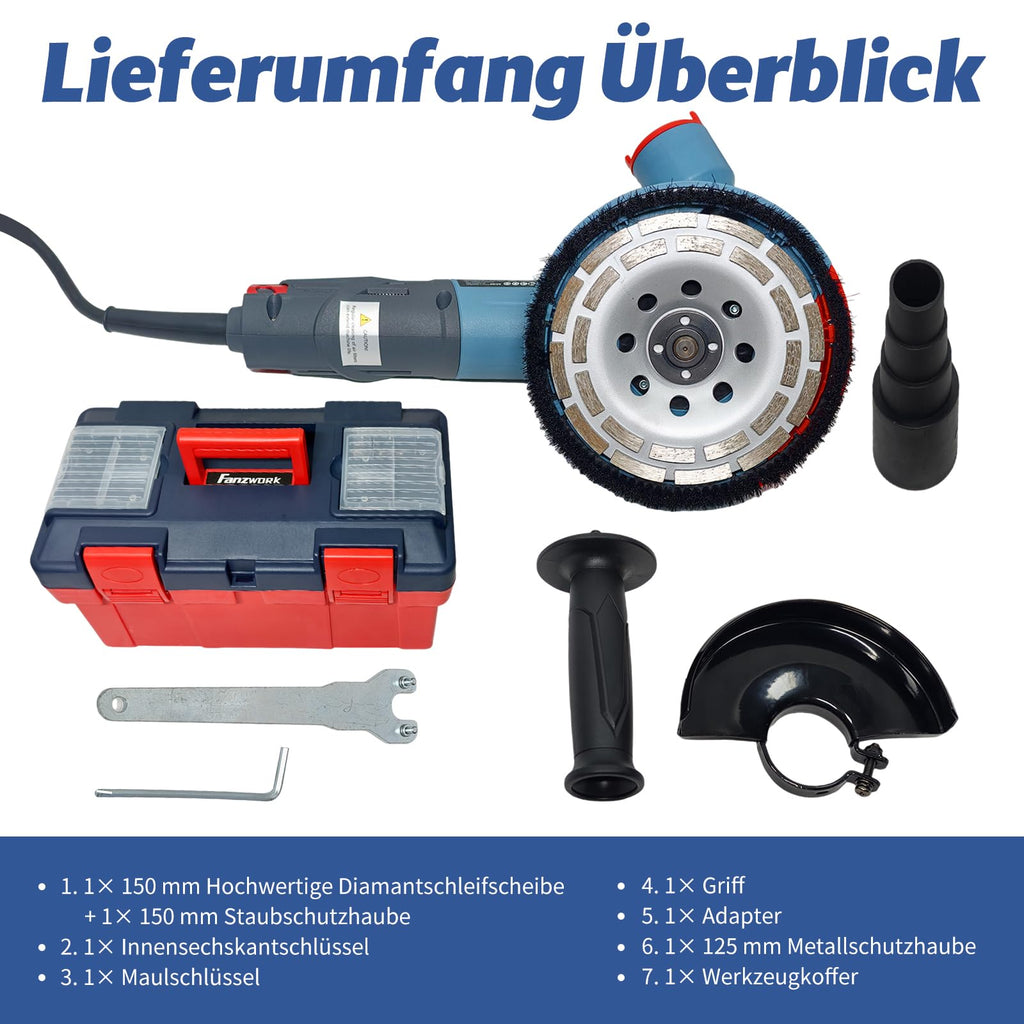 FANZWORK 1500W Betonschleifer Winkelschleifer Set mit Bürstenloser EC-Motor, Betonfräse mit 150mm Diamantschleiftopf *1, Absaughaube *1, Tragbox *1, Präzises & Wartungsfreies Schleifen