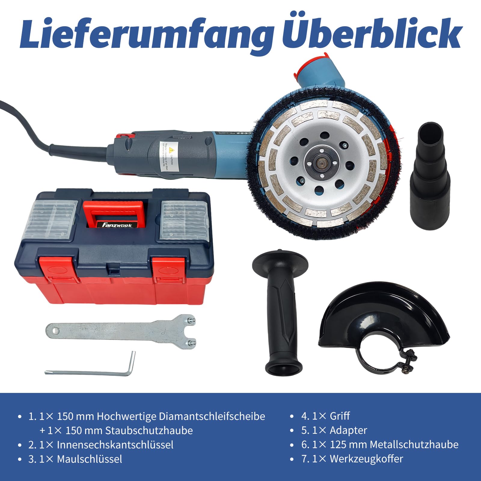 FANZWORK 1500W Betonschleifer Winkelschleifer Set mit Bürstenloser EC-Motor, Betonfräse mit 150mm Diamantschleiftopf *1, Absaughaube *1, Tragbox *1, Präzises & Wartungsfreies Schleifen