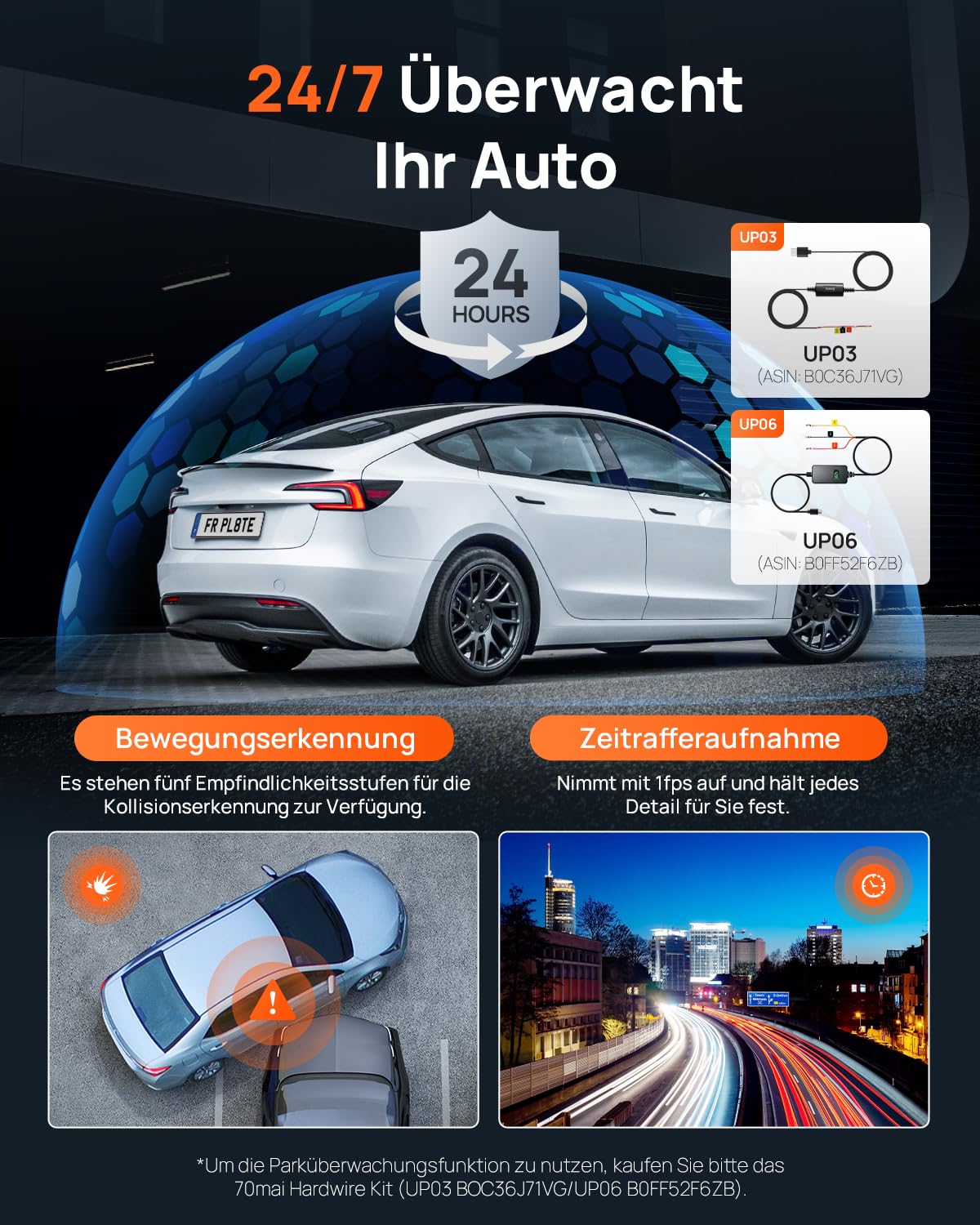 70mai A800SE Dashcam Auto Vorne Hinten 4K HDR 2160P+1080P mit 128GB SD Karte, Dual Autokamera 3" IPS, F1.55 Blende Nachtsicht, 210Sek.Puffer Notfall-Voraufzeichnung, Parküberwachung, Max 512GB