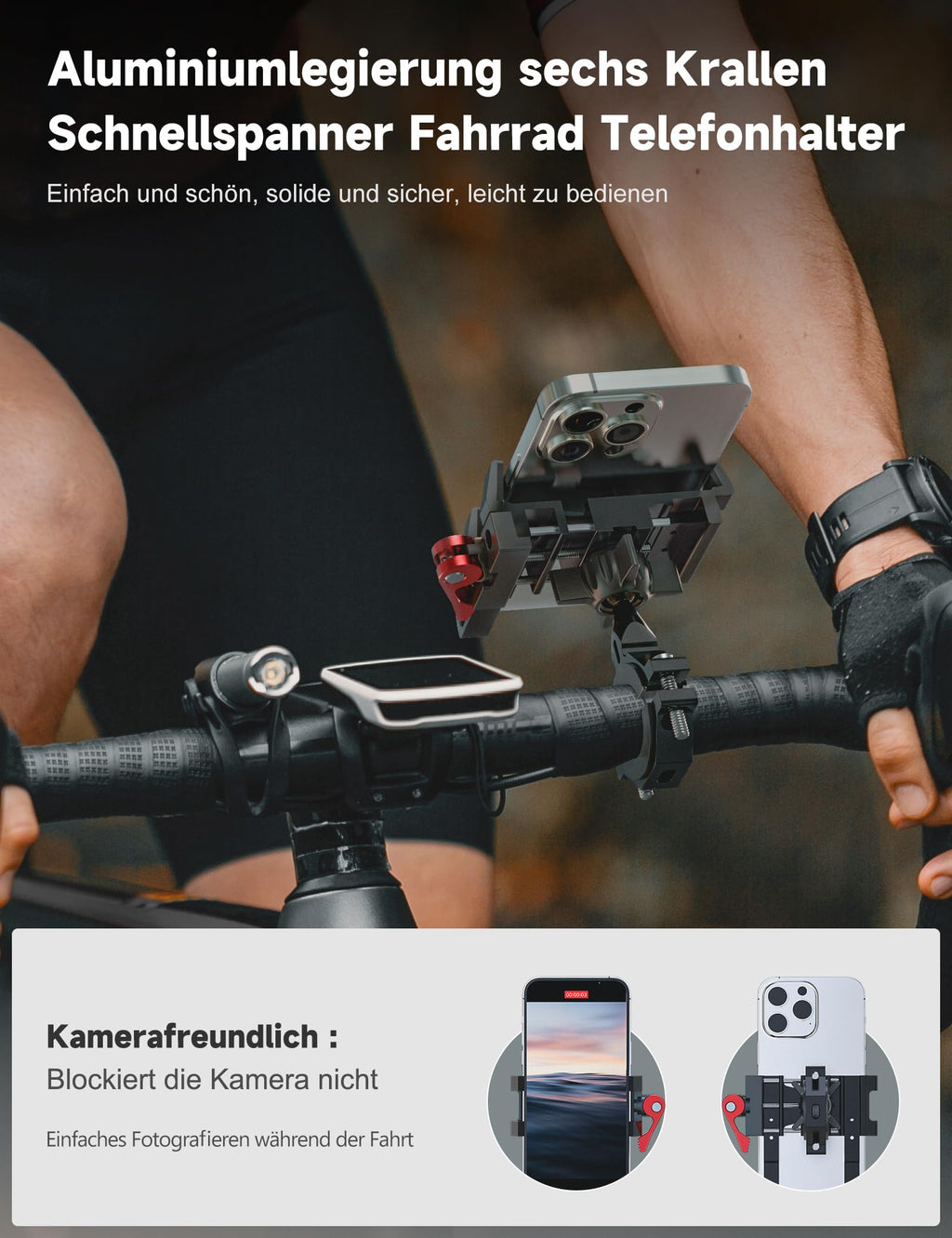 Tiakia Handyhalterung Fahrrad Aluminium Motorrad Handyhalter 6 Krallen mit 360° Drehung, Universal Handyhalter Werkzeugfreie Installation für 4,5-7 Zoll-Telefone (Aufgewertetes Schwarz Rot)