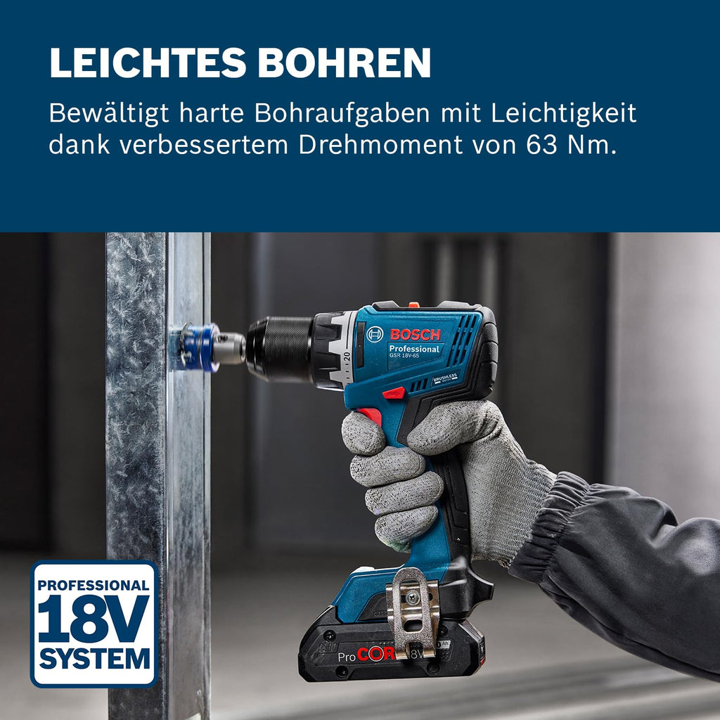 Bosch Professional 18V System Akku-Bohrschrauber GSR 18V-65 (bürstenloser Motor, Kopflänge 166, inkl. 2x Akku ProCORE18V 4.0Ah, 82 tlg. Zubehör, L-Case)