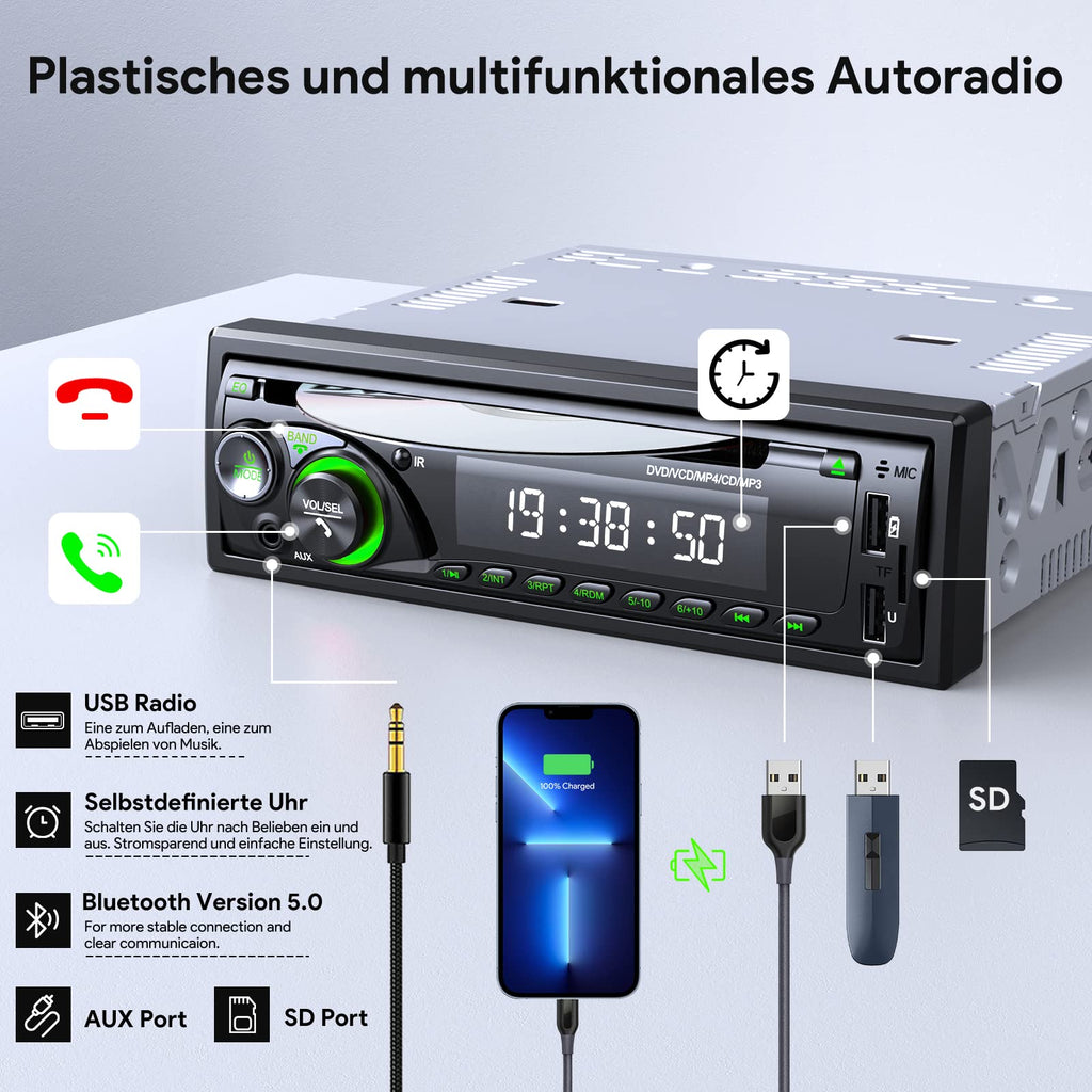 9-24V Autoradio mit CD DVD Player und Bluetooth Freisprecheinrichtung,RDS 1DIN Autoradio 7 Farben MP3 Player FM/AM Radio mit 2 USB SD/AUX/Lenkradfernbedienung