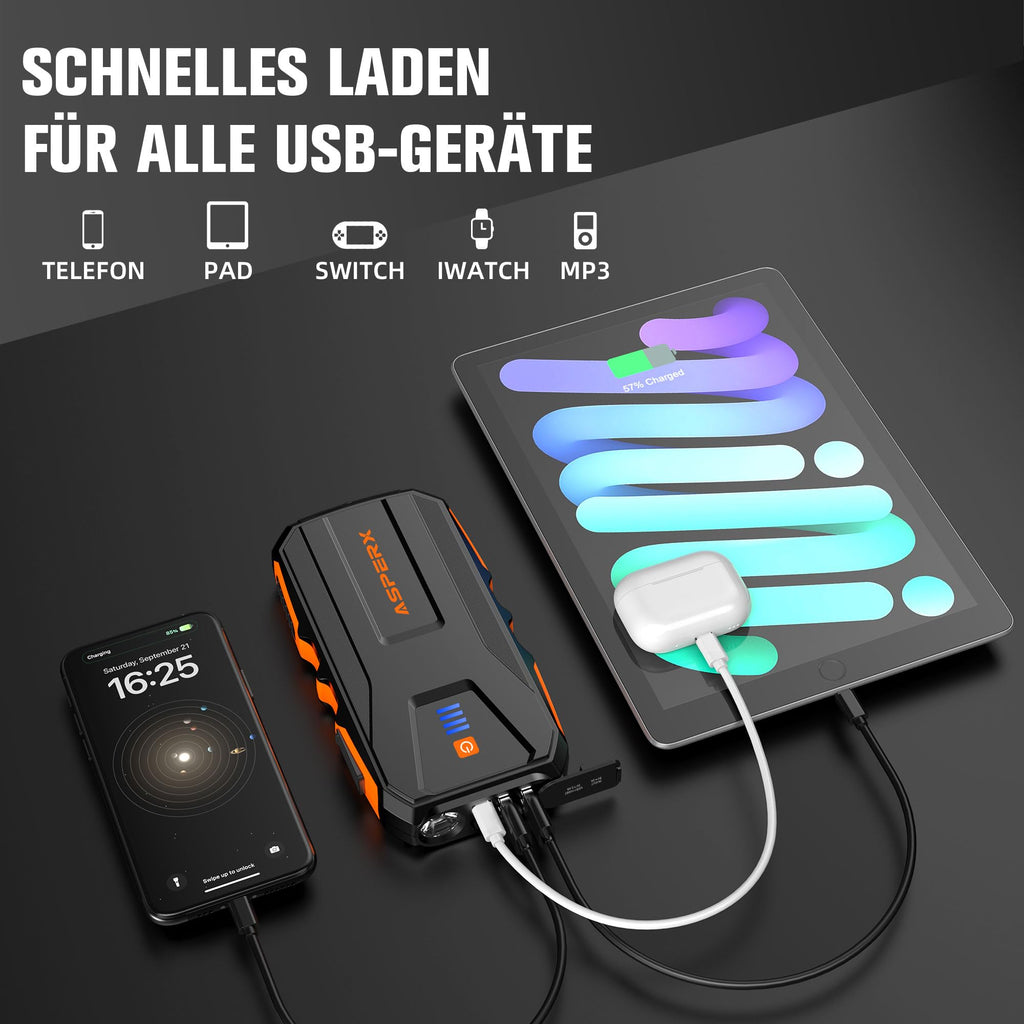 AsperX Starthilfe Powerbank 3000A 12V(Bis Zu 10,0L Benzin oder 8,0L Diesel) Auto Starthilfe mit Starthilfekabel,LED Taschenlampe,IP64 Wasserdicht,Jump Starter für PKW LKW UTV Van Motorrad