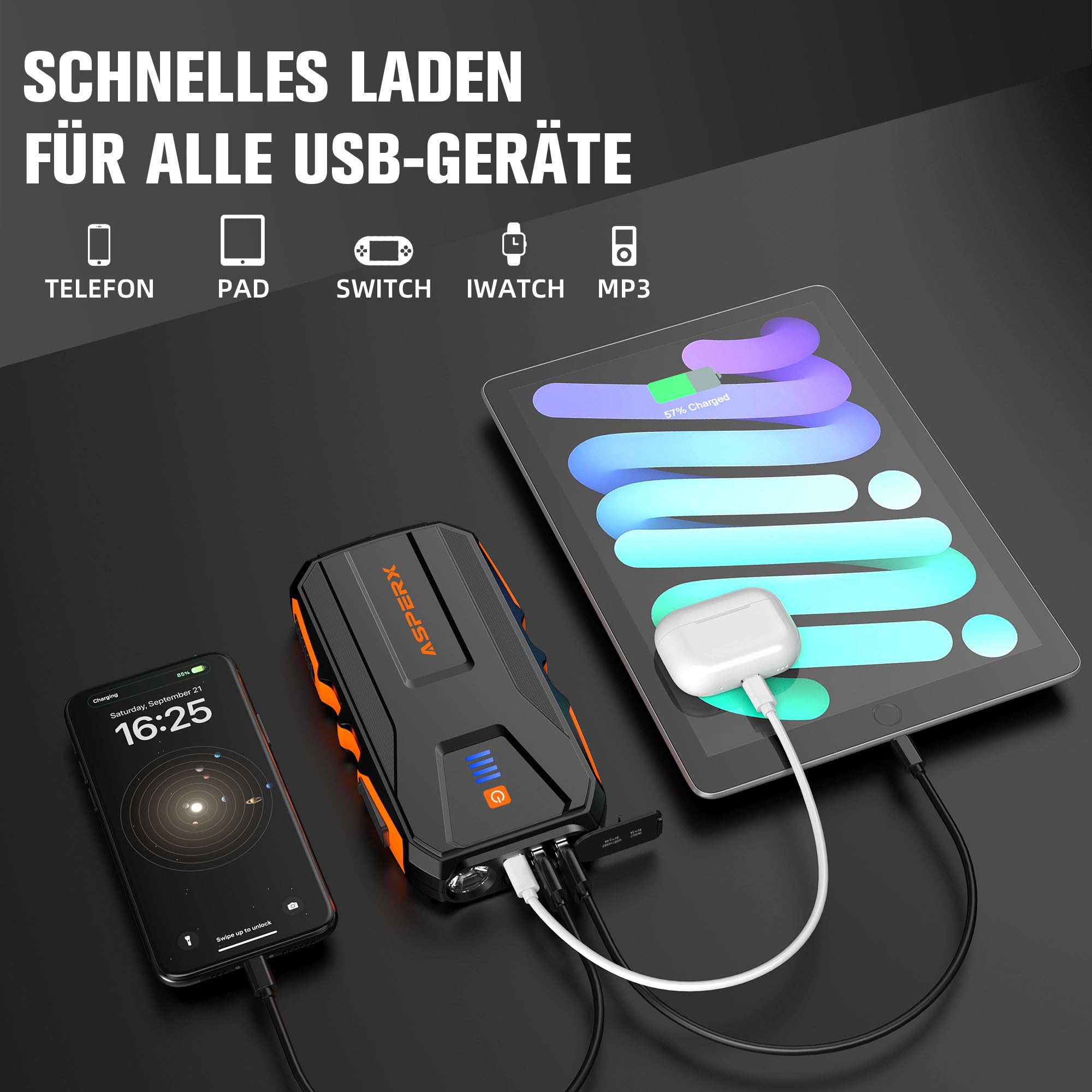 AsperX Starthilfe Powerbank 3000A 12V(Bis Zu 10,0L Benzin oder 8,0L Diesel) Auto Starthilfe mit Starthilfekabel,LED Taschenlampe,IP64 Wasserdicht,Jump Starter für PKW LKW UTV Van Motorrad