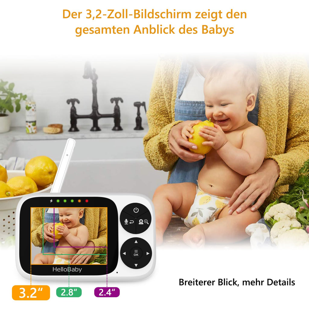 HelloBaby Babyphone mit Kamera, 3,2-Zoll-IPS-Bildschirm, Nachtsicht, Babyphone ohne WLAN, Schwenken, Neigen Zoomen Temperaturüberwachung, 2-Wege-Audio, Schlaflied, Alarm