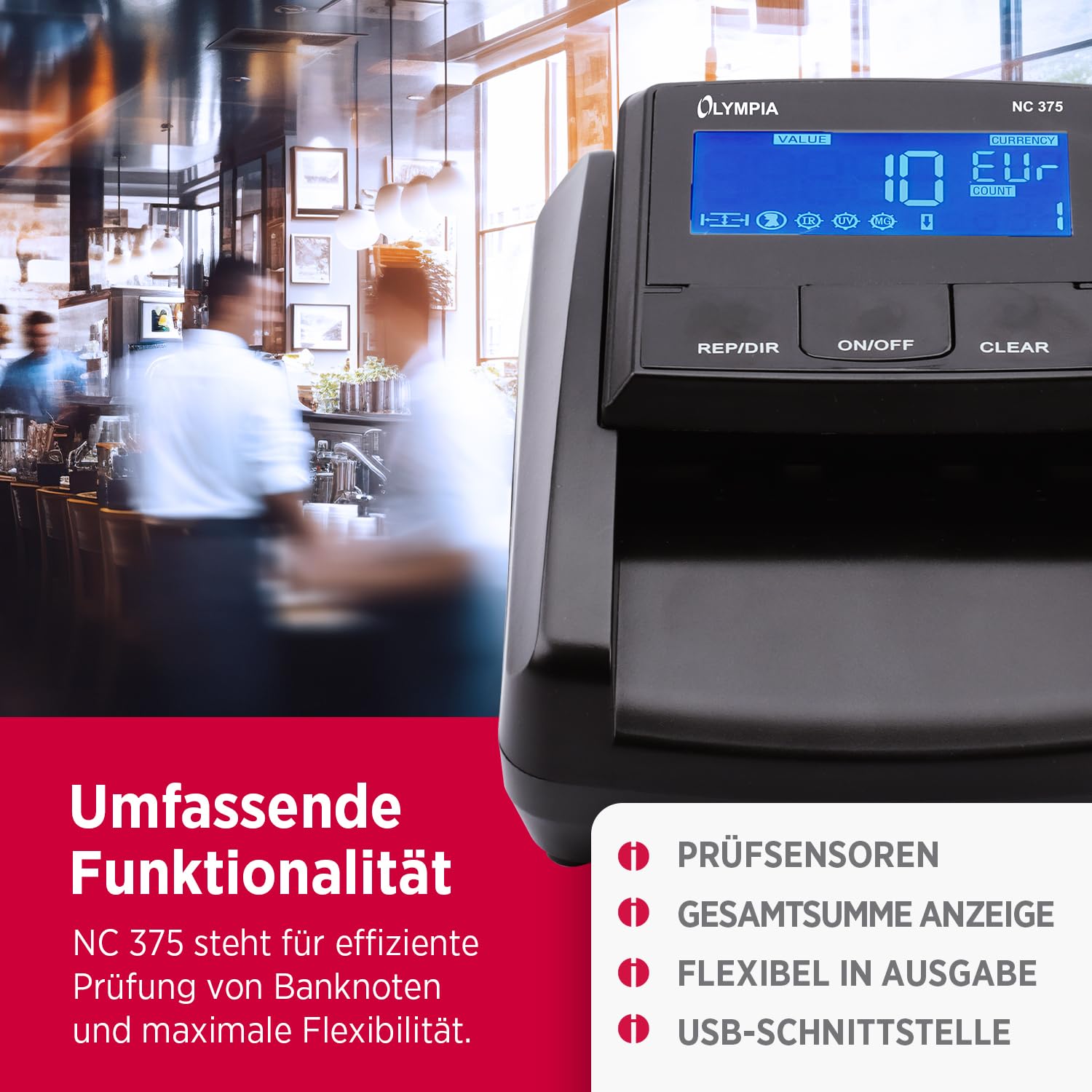 Olympia NC 375 Geldprüfgerät | Geldscheinprüfer mit IR, MG, UV Sensoren | Geldzähler für Euro, Dollar, Pfund | Falschgeld Prüfer | Hohe Prüfgeschwindigkeit | Geldprüfgerät für Scheine | LCD Display