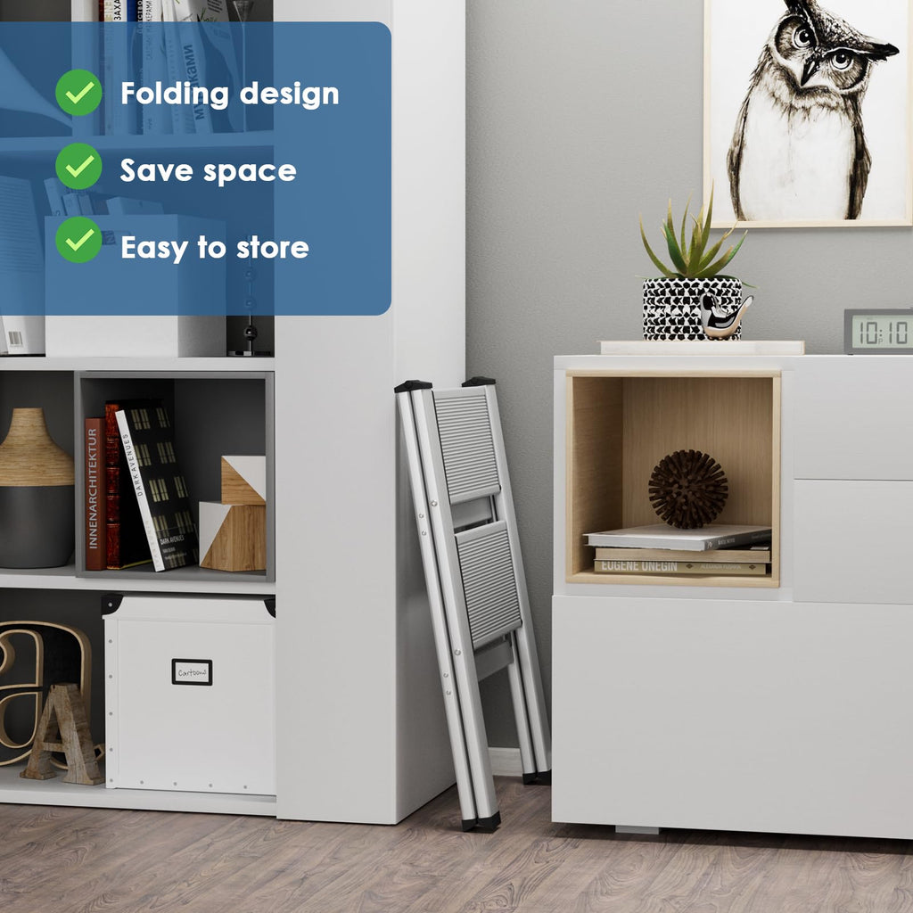 TLGREEN Alu Trittleiter 2-Stufen-Leiter Klappleiter Rostfeste rutschfeste Stehleiter Haushaltsleiter Multifunktionale Tritthocker Licht Platzsparend bis 150kg Belastbar für Küchen Haushalt Außen Büro