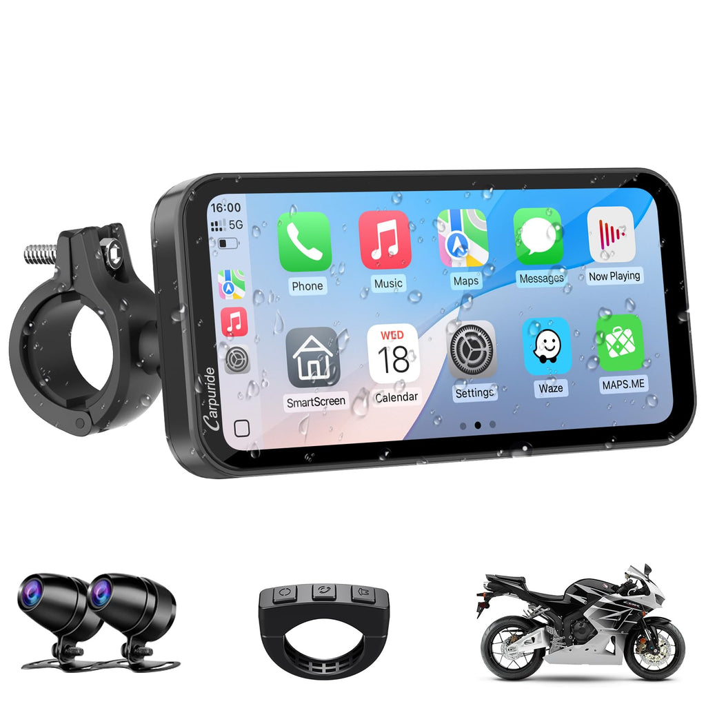 Carpuride W603D, 6,3-Zoll Motorrad-GPS-Carplay-Bildschirm, Kabelloses CarPlay und Android Auto für Moto, mit Doppelkameras, Fernbedienung, IP67 Wasserdichtem, BT Aduio, Loop-Aufnahme