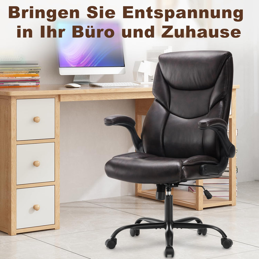 DUMOS Bürostuhl Pu-Leder Chefsessel mit Hochklappbaren Armlehnen Bürostuhle Leder mit Drehbaren Rädern Office Chair Ergonomic Geeignet für Büros Zuhause und Andere Umgebungen