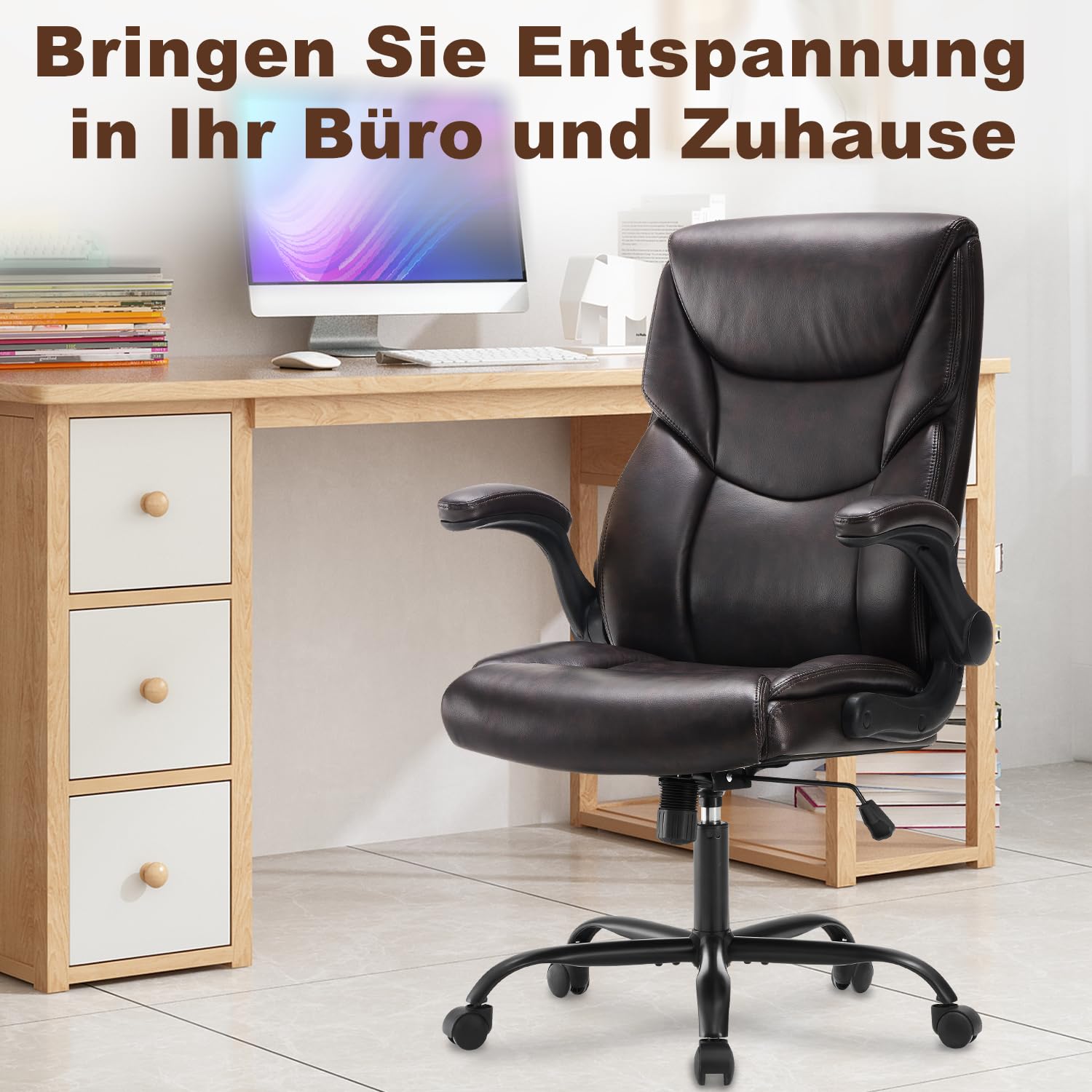DUMOS Bürostuhl Pu-Leder Chefsessel mit Hochklappbaren Armlehnen Bürostuhle Leder mit Drehbaren Rädern Office Chair Ergonomic Geeignet für Büros Zuhause und Andere Umgebungen