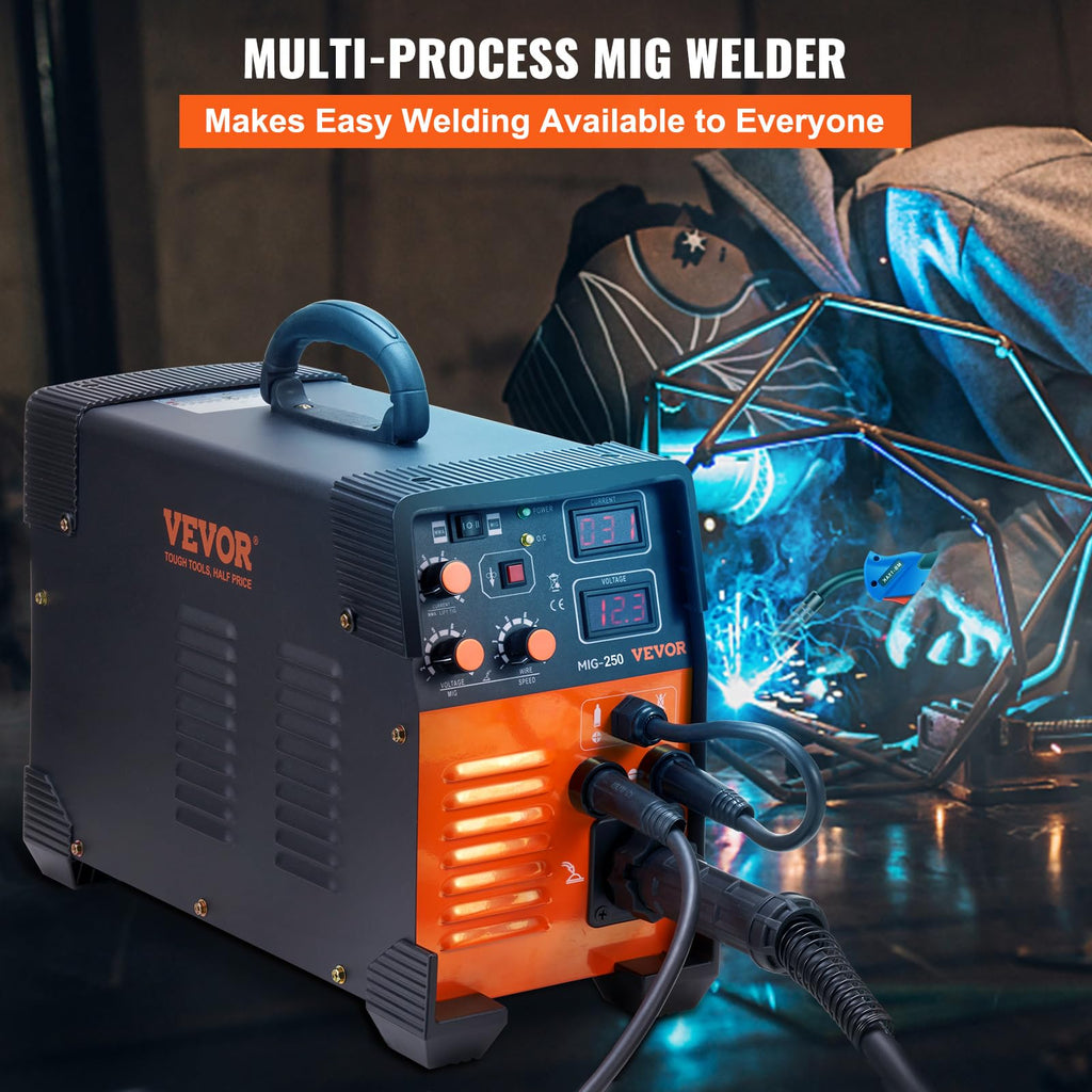 VEVOR MIG/MMA/TIG 3 in 1 Schweißgerät 50–250A Fülldrahtschweißen(0,8 mm & 1 mm) IGBT-Technologie 2,2–12m/min Drahtgeschwindigkeit 5,6 kVA Nenneingangsleistung IP21S Schutzart