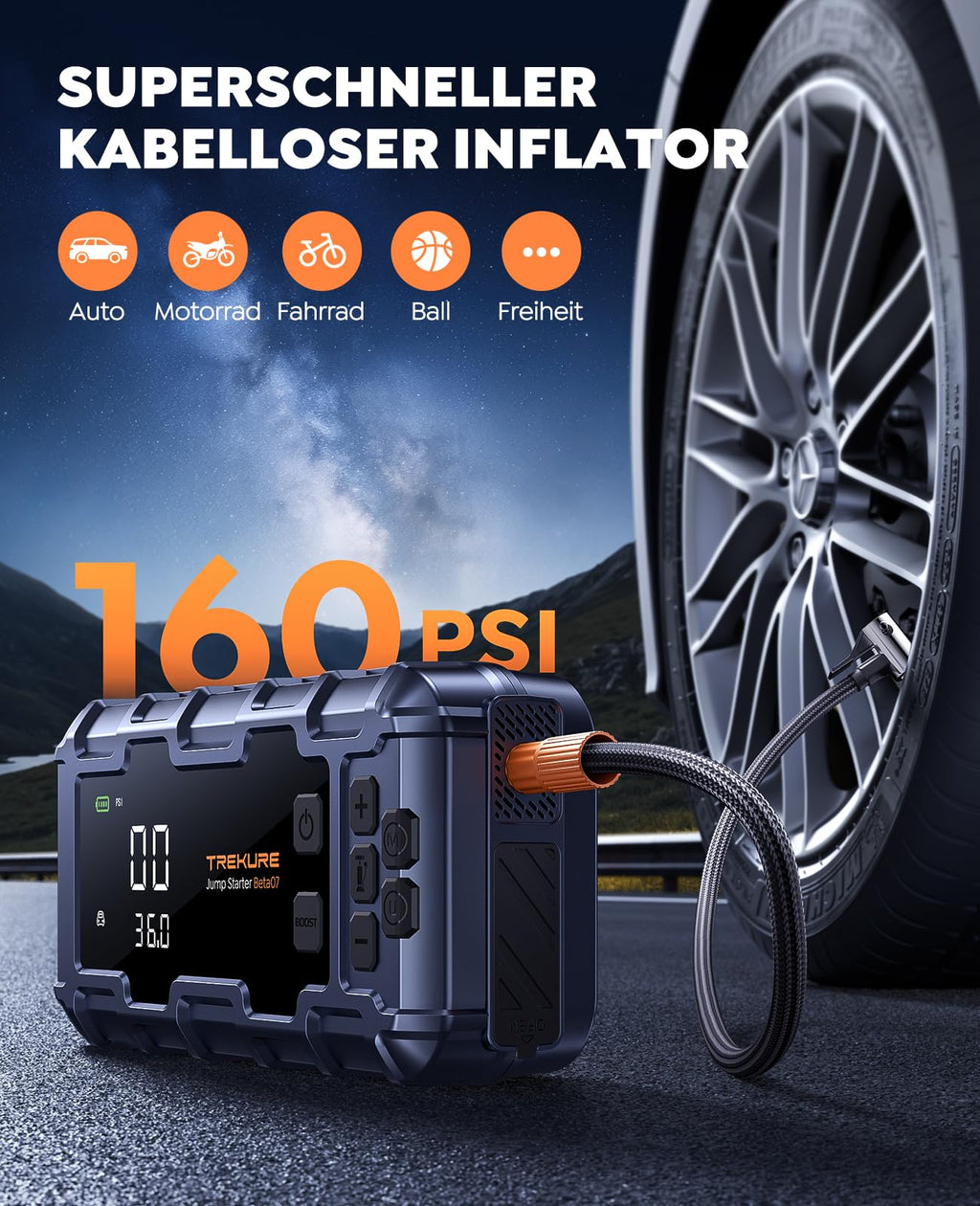 TREKURE Starthilfe Powerbank mit Luftkompressor, 160PSI 6500A Auto Starthilfe, PD 45W Eingang/Ausgang, Starthilfe(Bis zu All Benzin und 12.0L Dieselmotor) mit 600 Lumen LED und Doppelstart