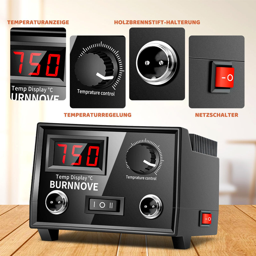 BURNNOVE Holz Pyrographie Set 100W, 100–750°C, Doppel-Pyrographie-Stifte mit LCD-Display, 21 Spitzen, Temperaturregelung, Komplettset für Holz, Leder, Kunsthandwerk