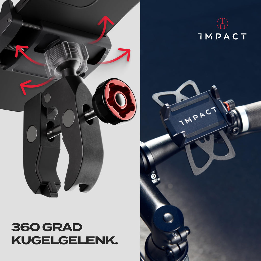 Impact® Pro Mount 360° Handyhalterung Fahrrad mit Universal Halterung - Handyhalter [Smartphone KOMPATIBEL 4 bis 7 Zoll] - Handyhalterung für Fahrrad Lenker mit Kugelgelenk & Sicherheitsgummi