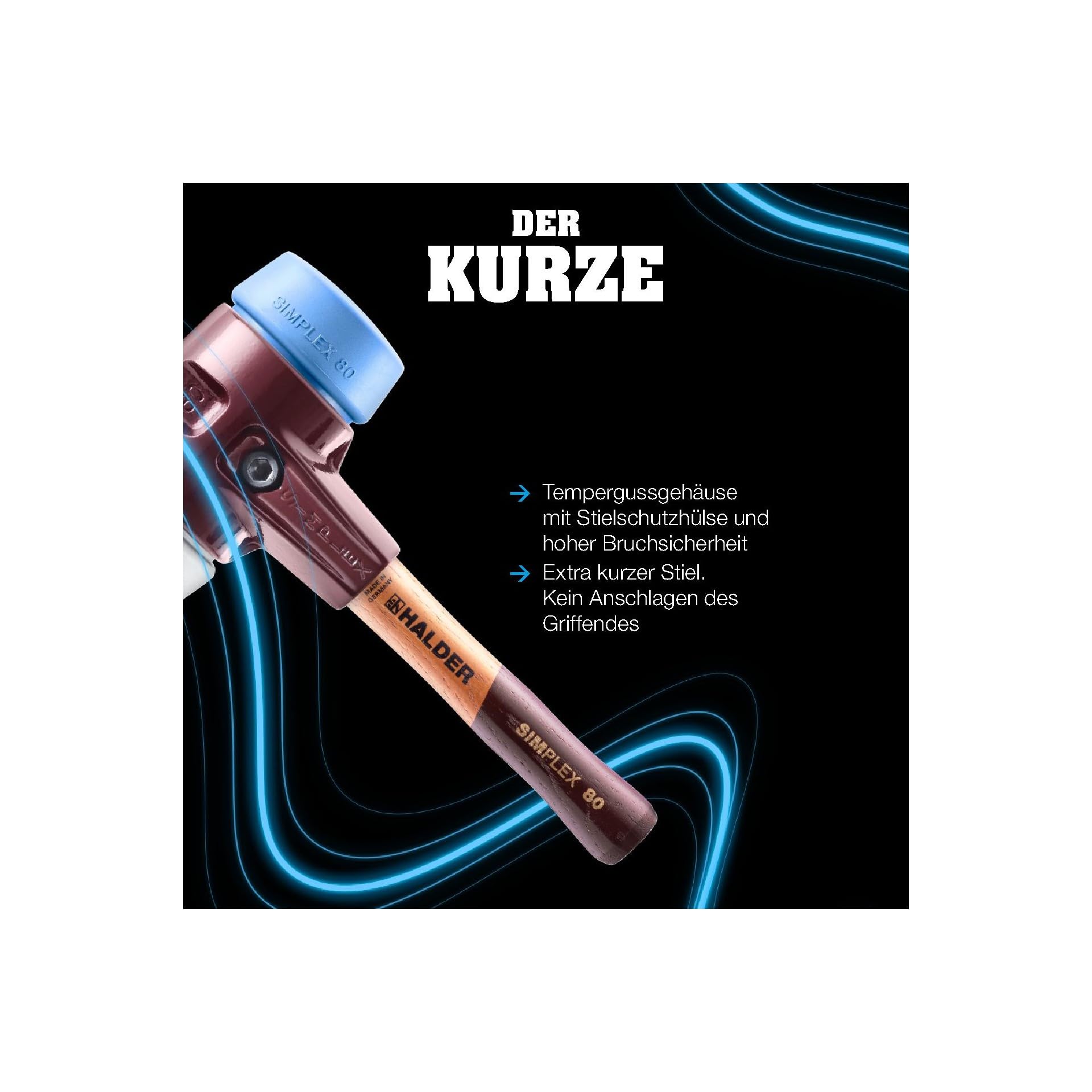 SIMPLEX-Schonhammer, Gummikomposition, mit Standfuß/Superplastik; mit Tempergussgehäuse und hochwertigem extra kurzen Holzstiel | D=80 mm/Stielausführung=extra kurz | 3027.282