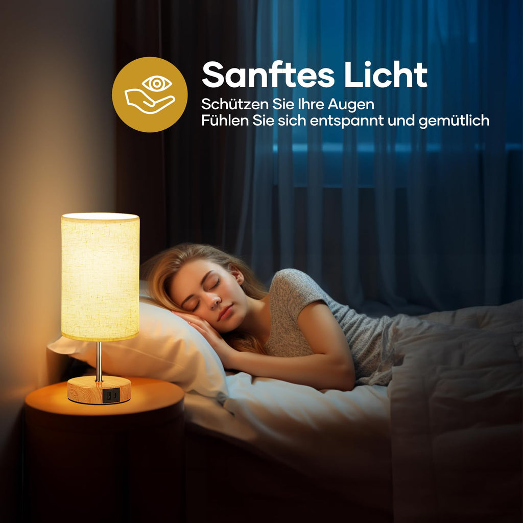 Suright Nachttischlampe Touch Dimmbar 2er Set, Tischlampe mit Ladefunktion USB A+C-Anschlüssen, Leinen-Lampenschirm, Holzsockel, Kleine Lampe für Schlafzimmer Wohnzimmer (LED-Birne Inklusive)