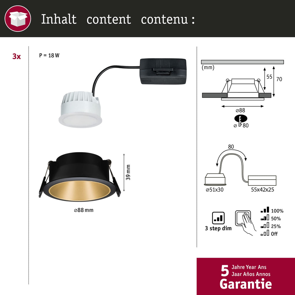 Paulmann 93404 LED Einbauleuchte Cole rund incl 3x6W dimmbar Einbaustrahler Schwarz, Gold matt Einbaulampe Kunststoff, Alu Zink Deckenspot 2700K