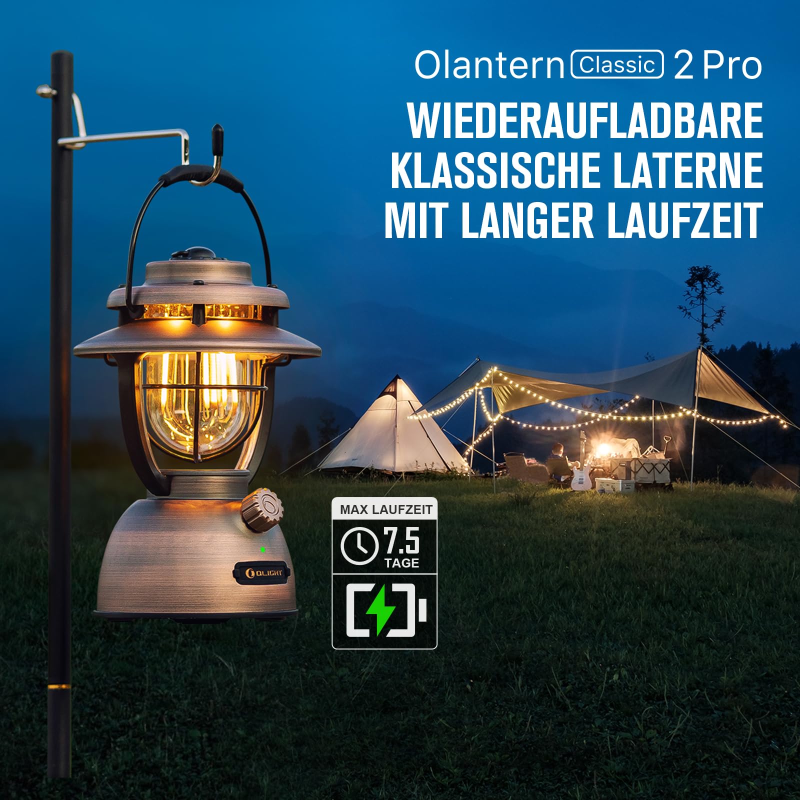 OLIGHT Olantern Classic 2 Pro Campinglampe 300 LM, LED Laterne im Retro-Stil Stufenlos Dimmbar, Notstrombank USB Wiederaufladbar, für Camping, Garten, Stimmungsvolle Dekoration, Wandern