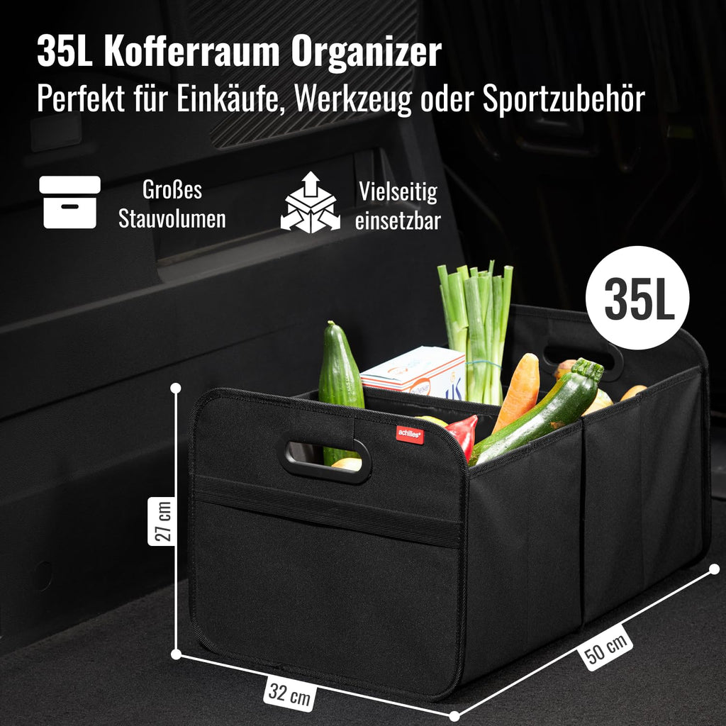 achilles Auto Kofferraum Organizer XL – Kofferraumtasche XL mit viel Stauraum – Geräumige & Pflegeleichte Faltbox – Auto Zubehör Innenraum Organizer – Stabiler Boden & Tragegriff – Schwarz