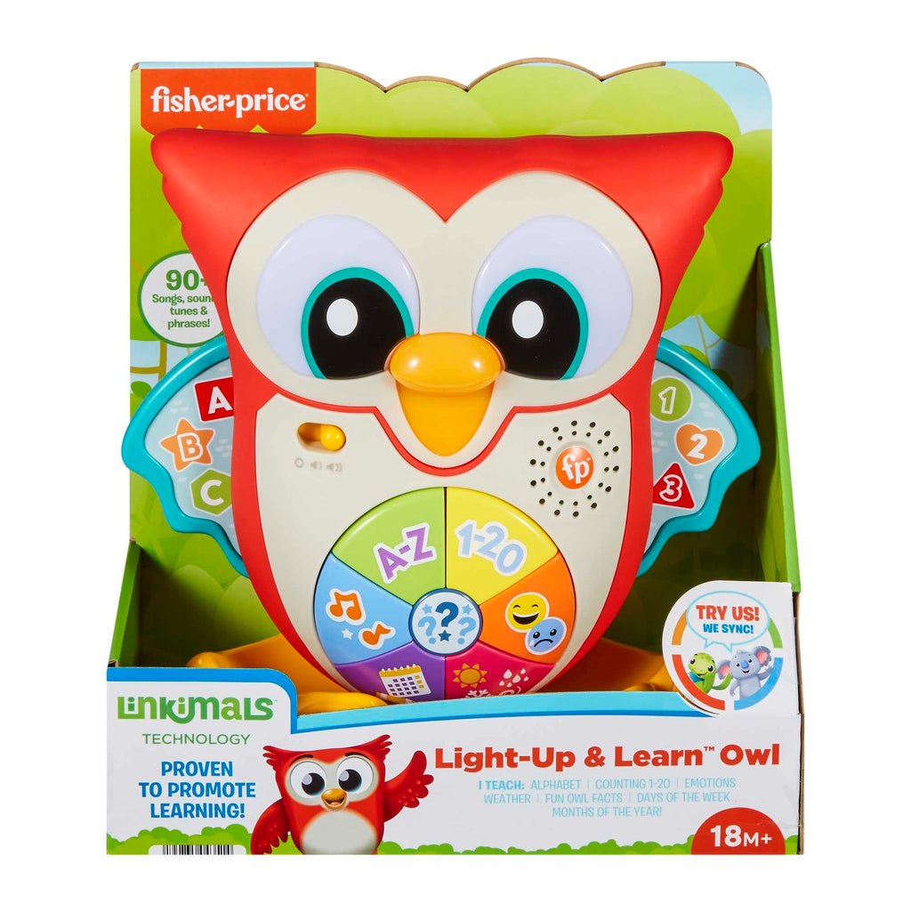 Fisher-Price - BlinkiLinkis Schlaue Eule, Deutshce Version, interaktives Lern-Spielzeug mit Musik, Lichtern, Melodien und Sätzen, Babyspielzeug für Kinder ab 18 Monaten, HJM73