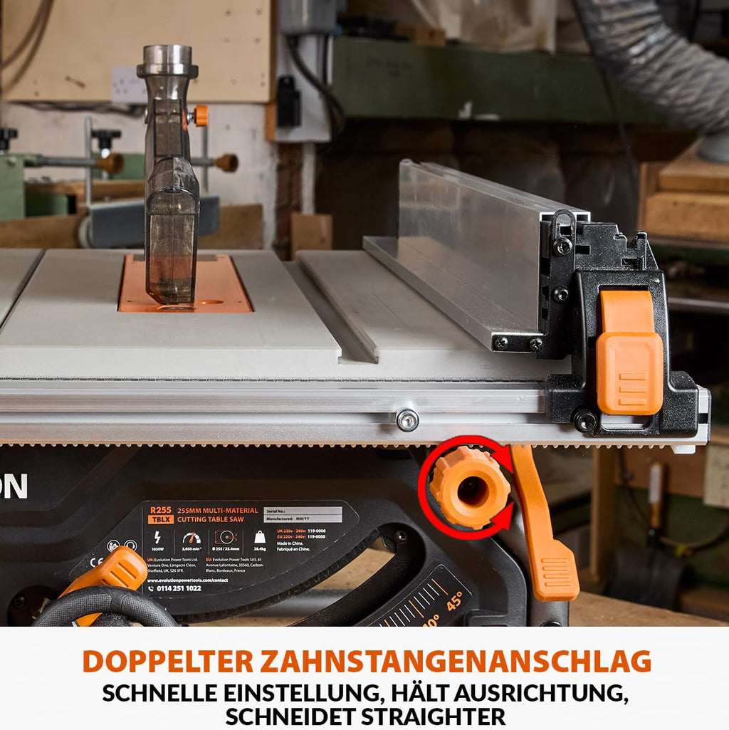 Evolution Power Tools R255TBL+ tischkreissäge, Tischsäge Tragbares Multi-Material-Sägeblatt im Lieferumfang enthalten Schneidet Holz Metall Kunststoff, 45˚ Fase, +/- 60˚ Gehrungswinkel, 1800w Motor